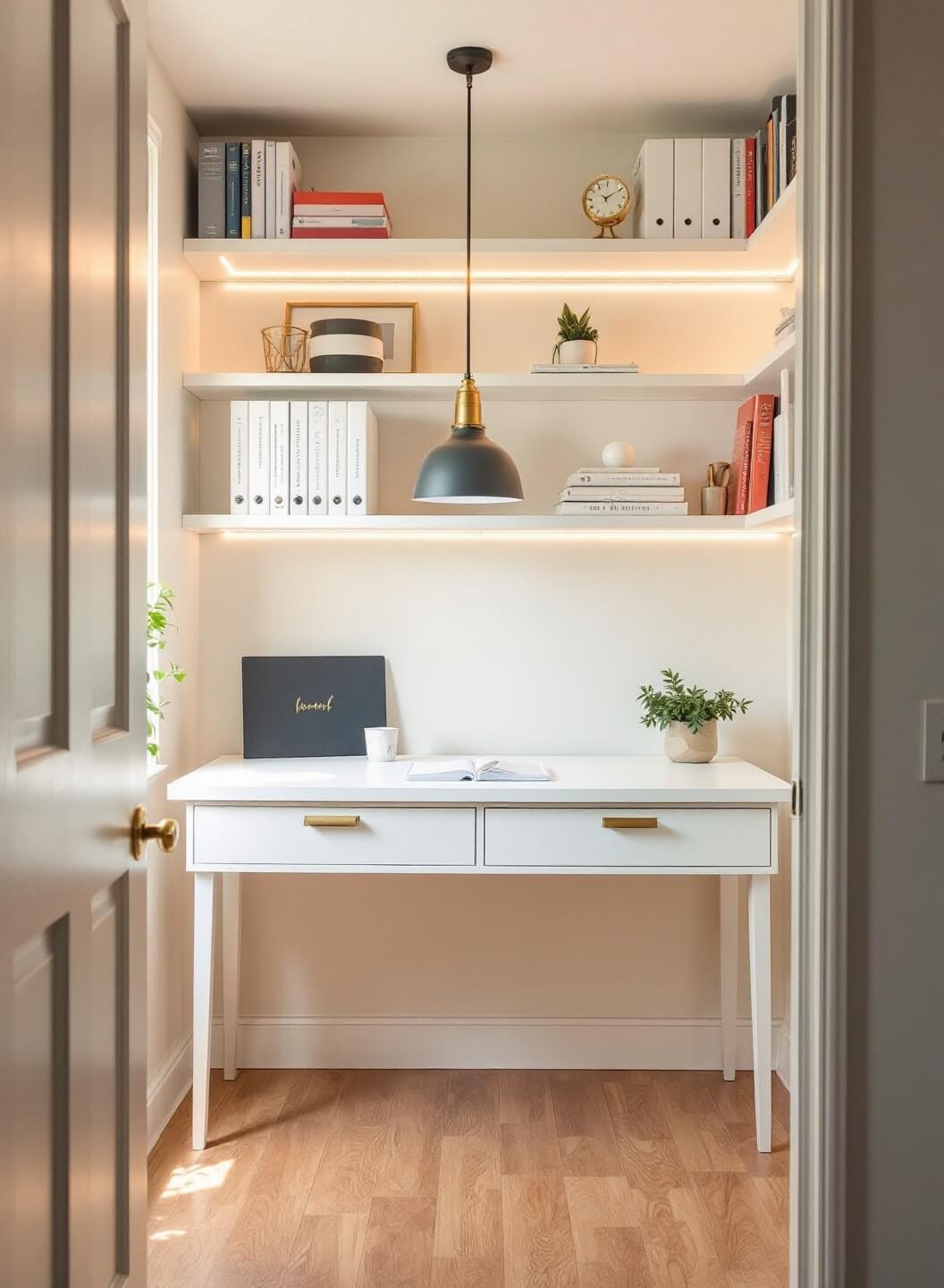 Converted closet office space bathed in warm afternoon light featuring adjustable white shelves filled with office supplies and books, slim white desk with brass fixtures, and pendant task light.