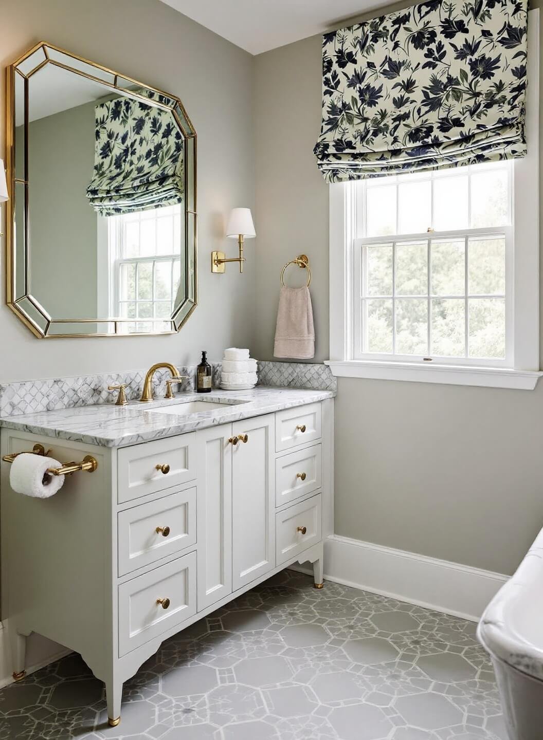 Luxurious 10x12ft bathroom with gray and white geometric floor tiles, floral roman shades, brass fixtures, solid white vanity, and medium-scale geometric mirror frame, shot from corner under soft diffused lighting for spa-like atmosphere.