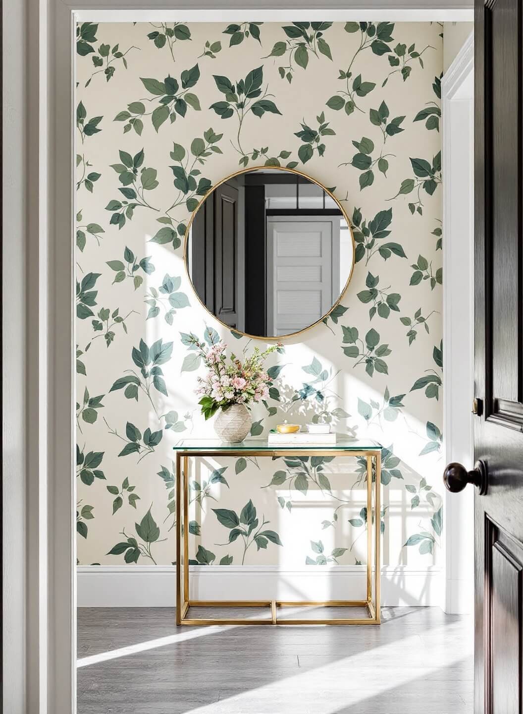 Vibrant emerald and cream floral wallpapered entryway featuring a geometric brass console table, a round mirror with geometric details, and a small floral arrangement, with afternoon shadows enhancing the dramatic ambiance.