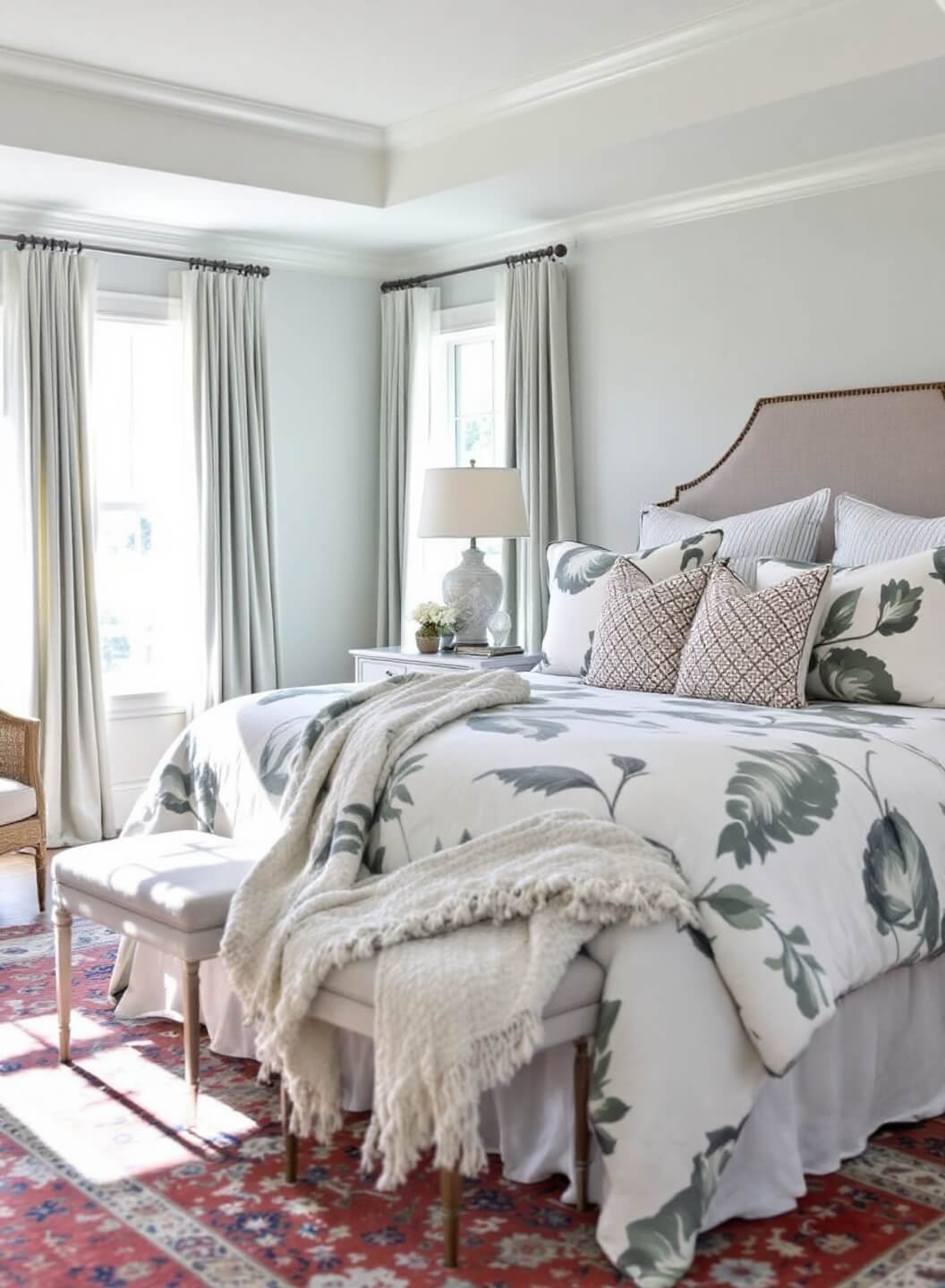 Airy master bedroom with botanical print bedding, striped euro shams, geometric accent pillows and a vintage Persian rug, with morning light filtering through sheer drapes.