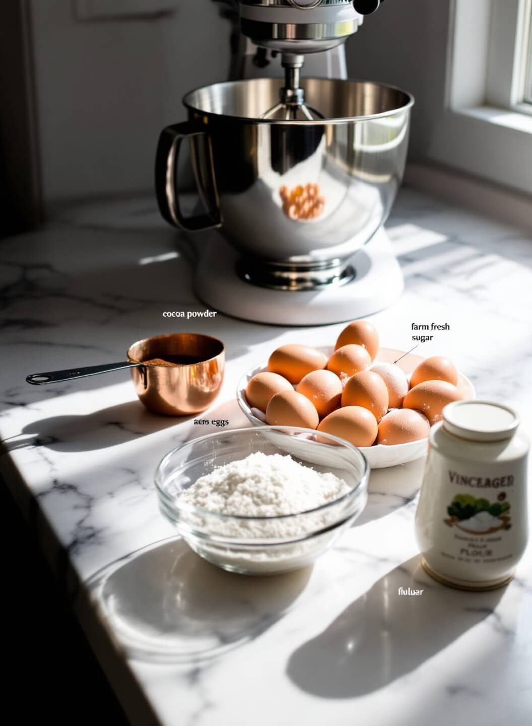 Ingredients for chocolate cake on marble countertop with stand mixer in the background