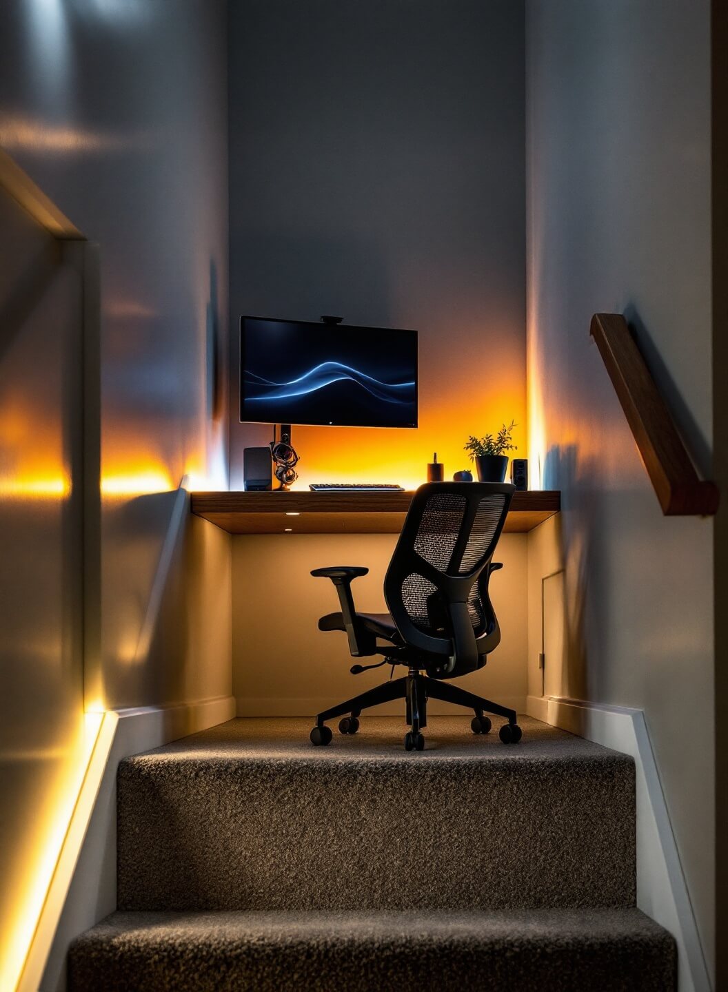 Under-stairs office nook with custom walnut desk, ergonomic chair, and wall-mounted ultrawide monitor, illuminated by LED strip lighting and moody morning light.