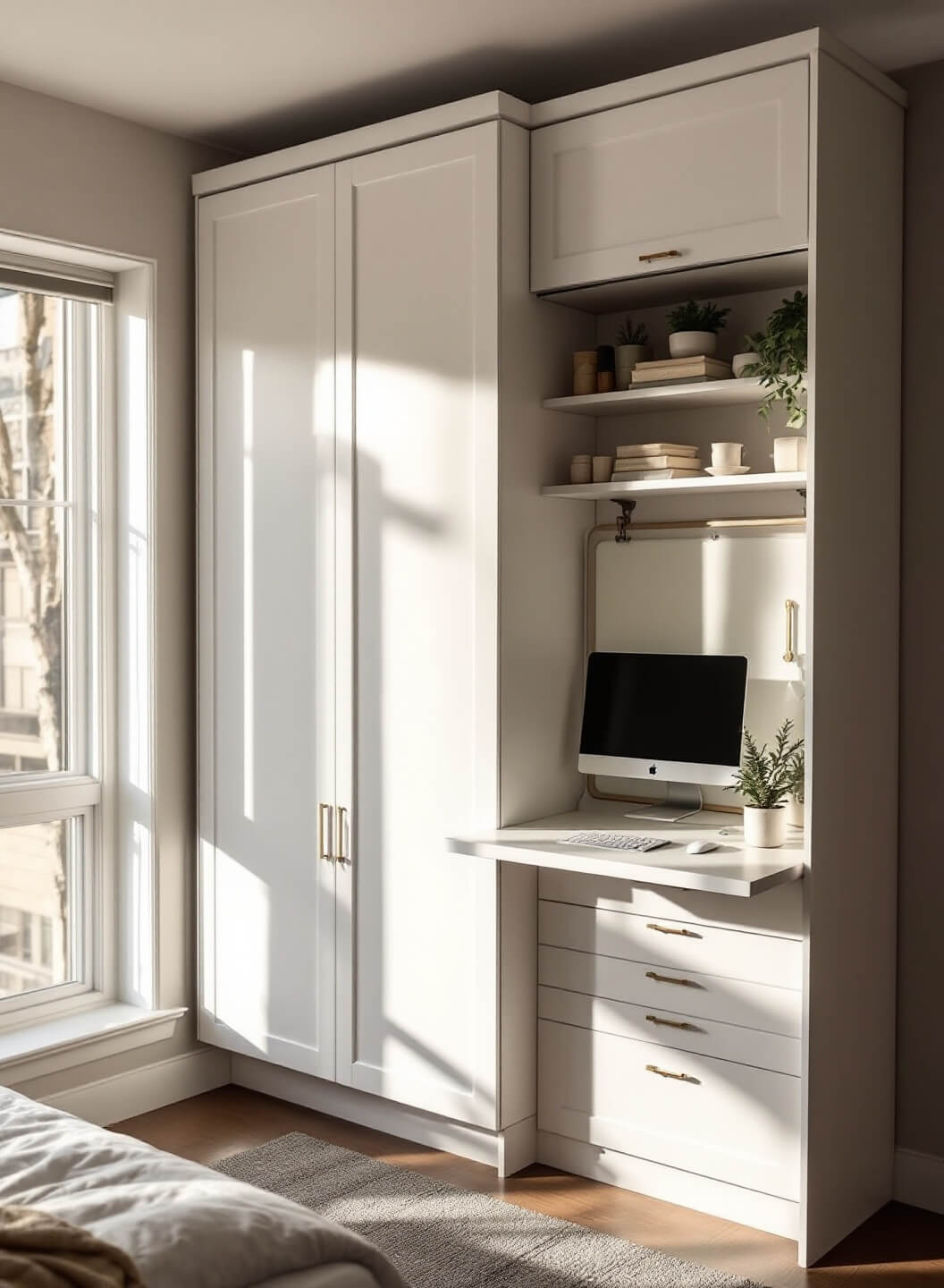 Early morning golden hour in a 10x12ft studio apartment showcasing a white murphy desk workspace. Two views visible; one with a sleek closed wall panel, another revealing an organized workspace with whiteboard backing. Fold-down chair nearby. Natural window light enhanced with soft fill.