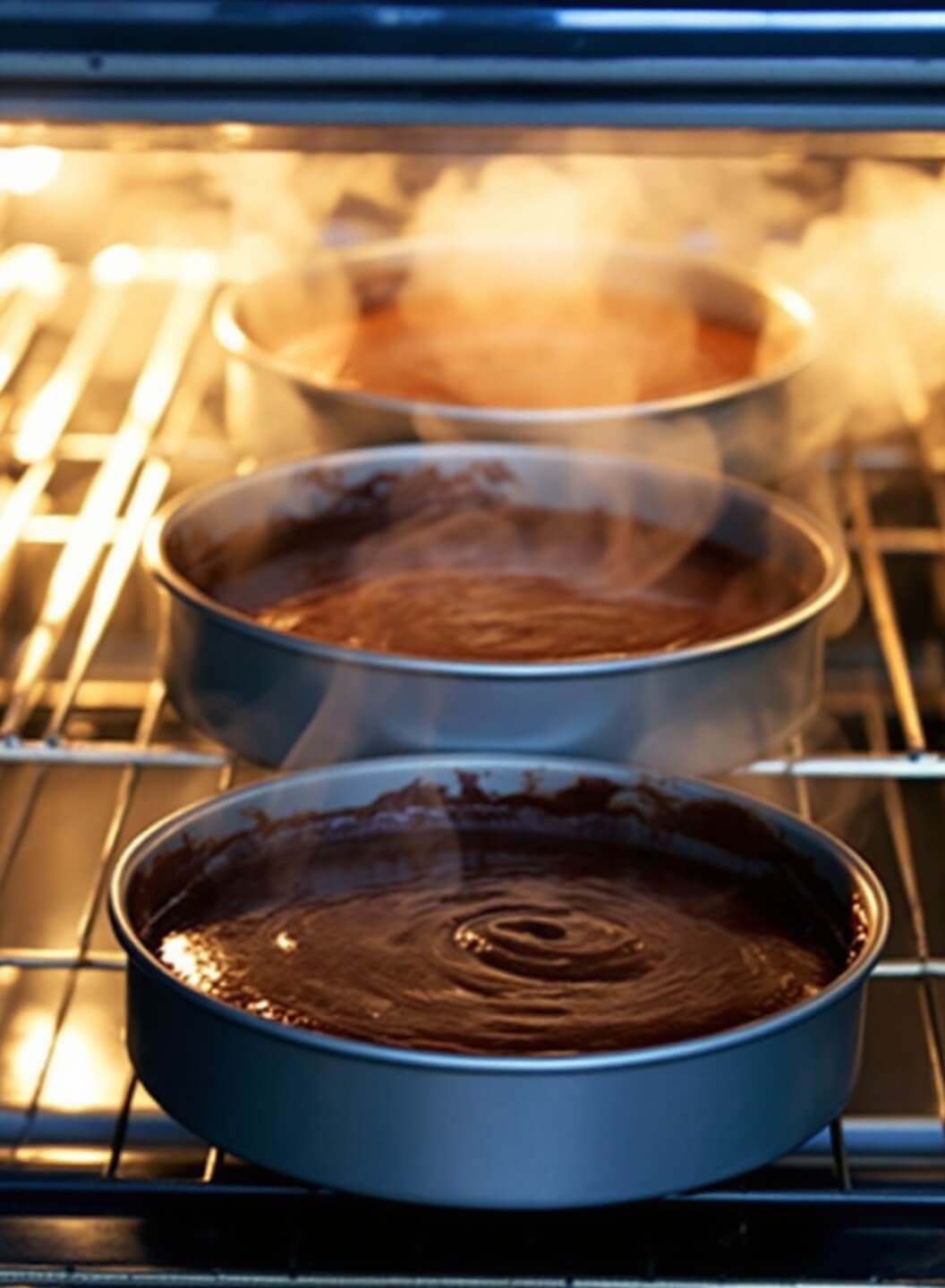 Three 8-inch cake pans with glossy chocolate batter entering a pre-heated oven, illuminated by a warm oven light