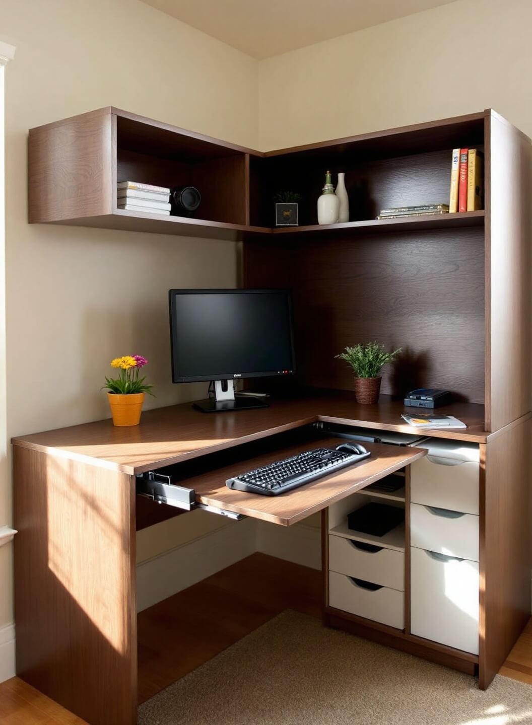 Corner office setup with L-shaped walnut desk, built-in oak shelving, ergonomic keyboard tray, visible cable management system, and natural afternoon light from windows