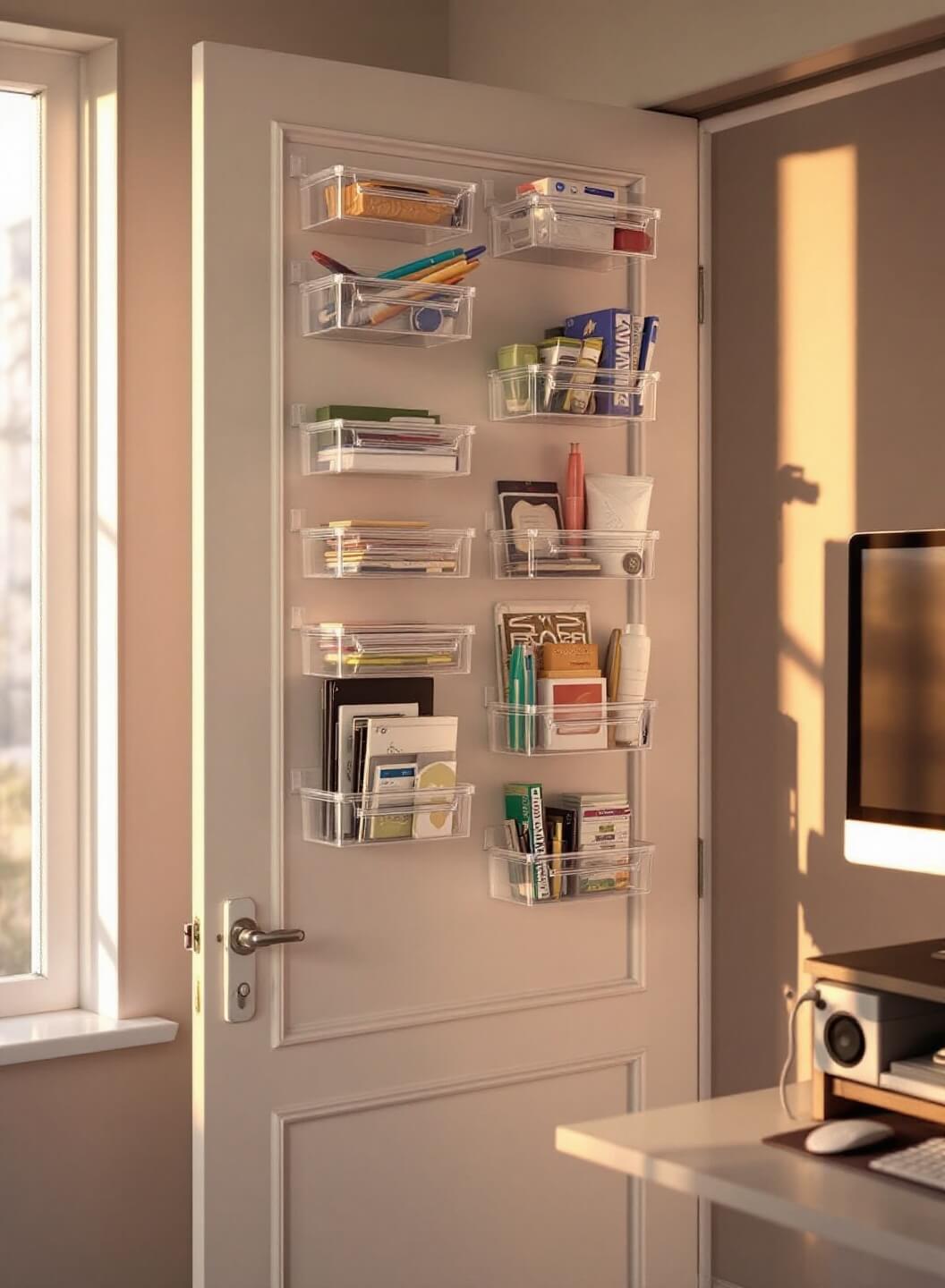 Compact door-mounted acrylic organizers filled with supplies, a desk with monitor stand and clean cable management under warm evening light