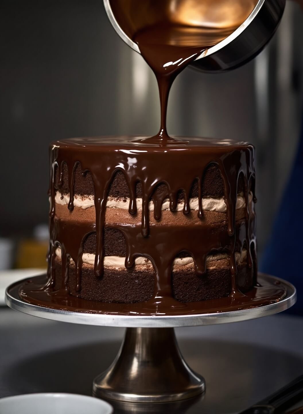 Majestic three-layer chocolate cake with ganache pouring, captured in a professional kitchen setting