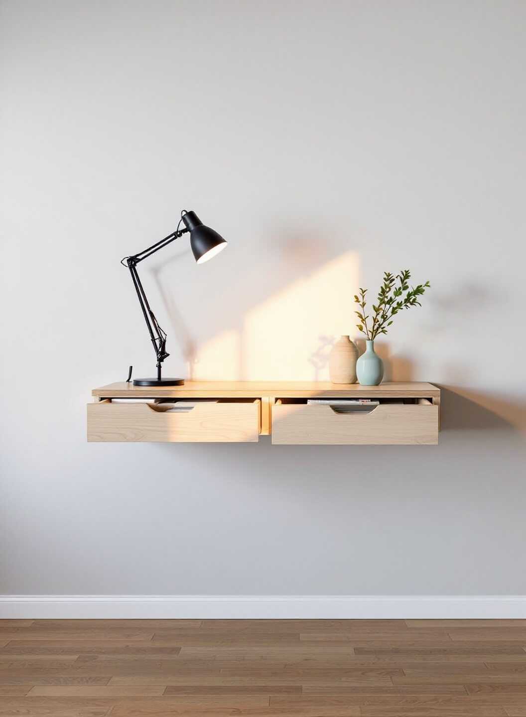 Scandinavian-inspired floating white oak desk with minimal accessories and organized hidden storage compartments, lit by a modern black task lamp, against a pale gray wall at golden hour.