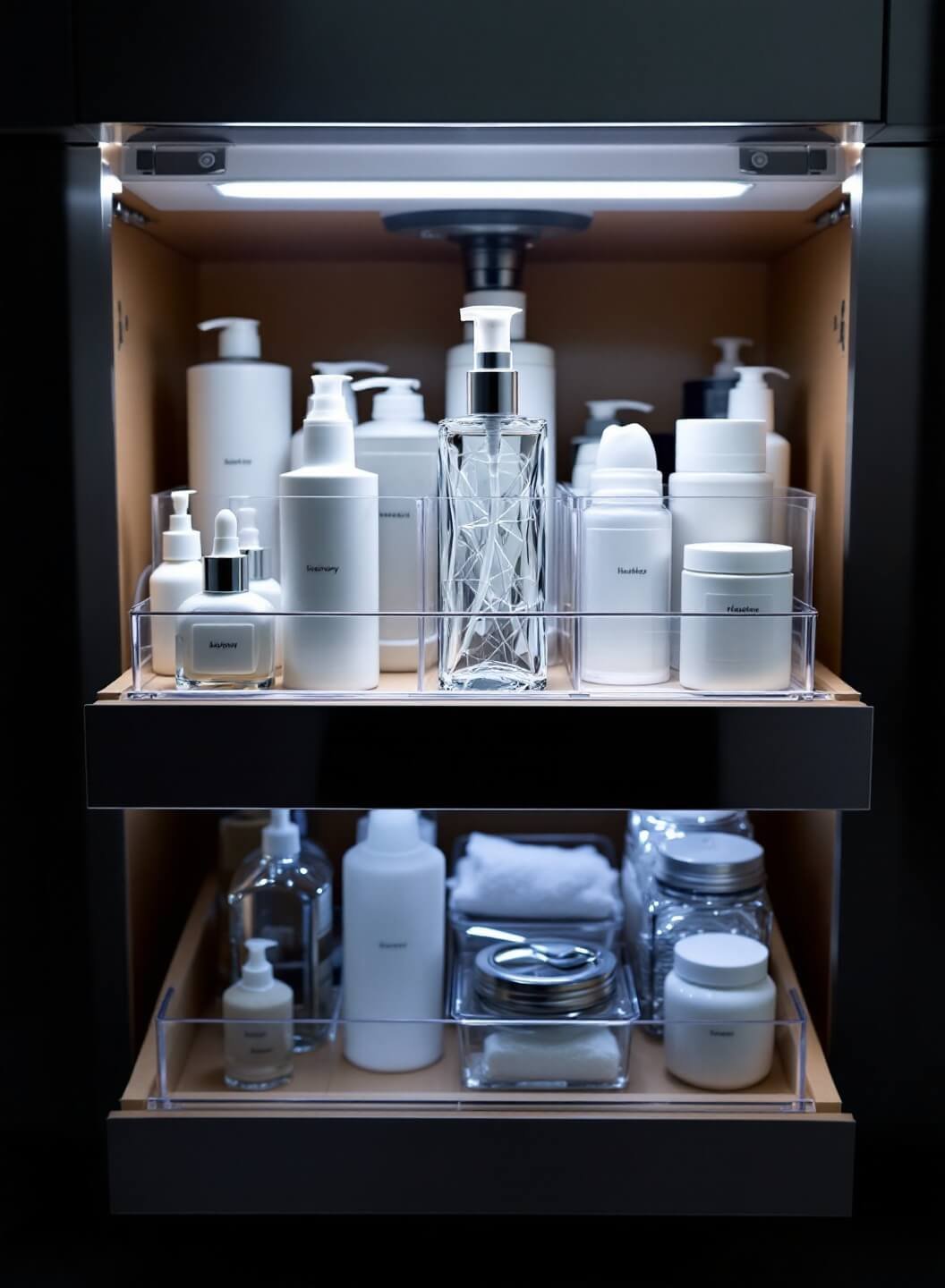 Low angle view of a well-organized under-sink chrome drawer system, lit with professional lighting and cool LED strips, housing clear acrylic containers with white labels for toiletries in a dark grey cabinet interior