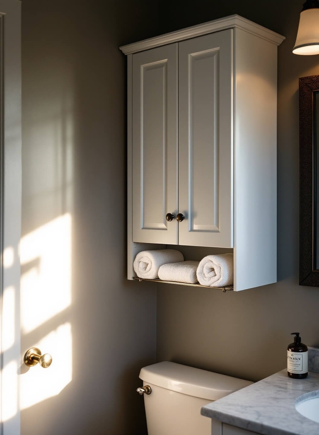 Late afternoon lit bathroom with slim white over-toilet cabinet featuring shaker-style doors and concealed chrome rack holding white rolled towels, bathed in golden light reflected off marble countertop.