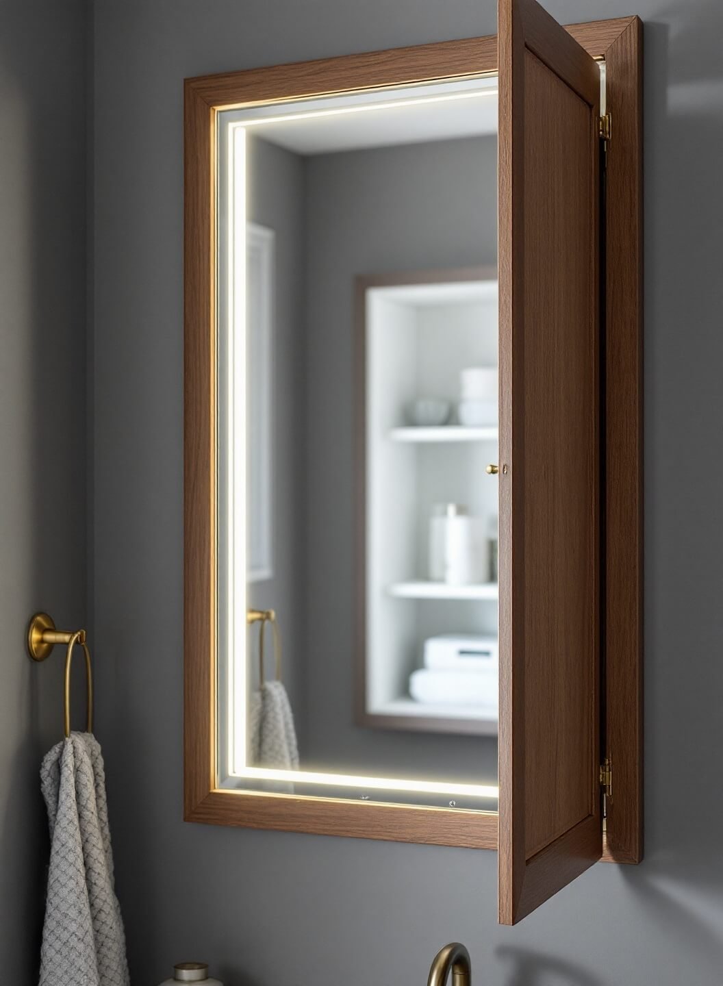 Sleek recessed medicine cabinet with LED-illuminated frame, organized interior and brushed brass hardware contrasting against cool grey walls with soft morning light shadows, showcasing a fusion of functionality and style