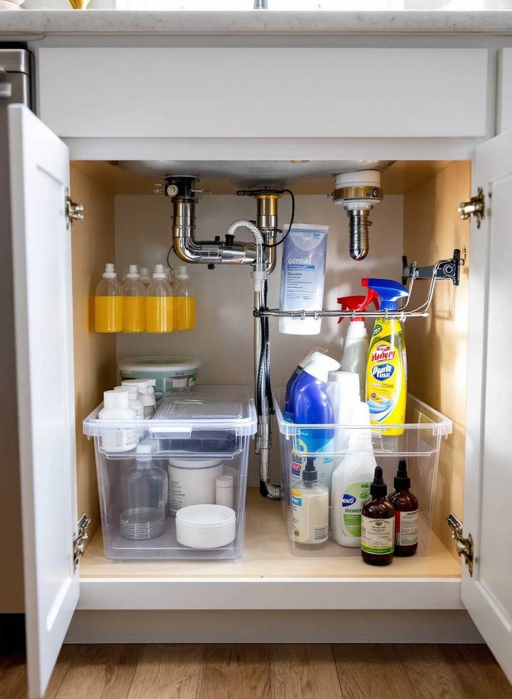 Bird's eye view of under-sink organization with clear bins, spray bottles on tension rod, white quartz countertop, illuminated by professional overhead softbox lighting.