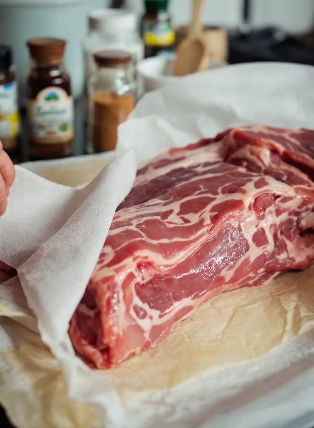 Close-up image of raw pork ribs on butcher paper with membrane being peeled, spice jars and mixing bowls in the background