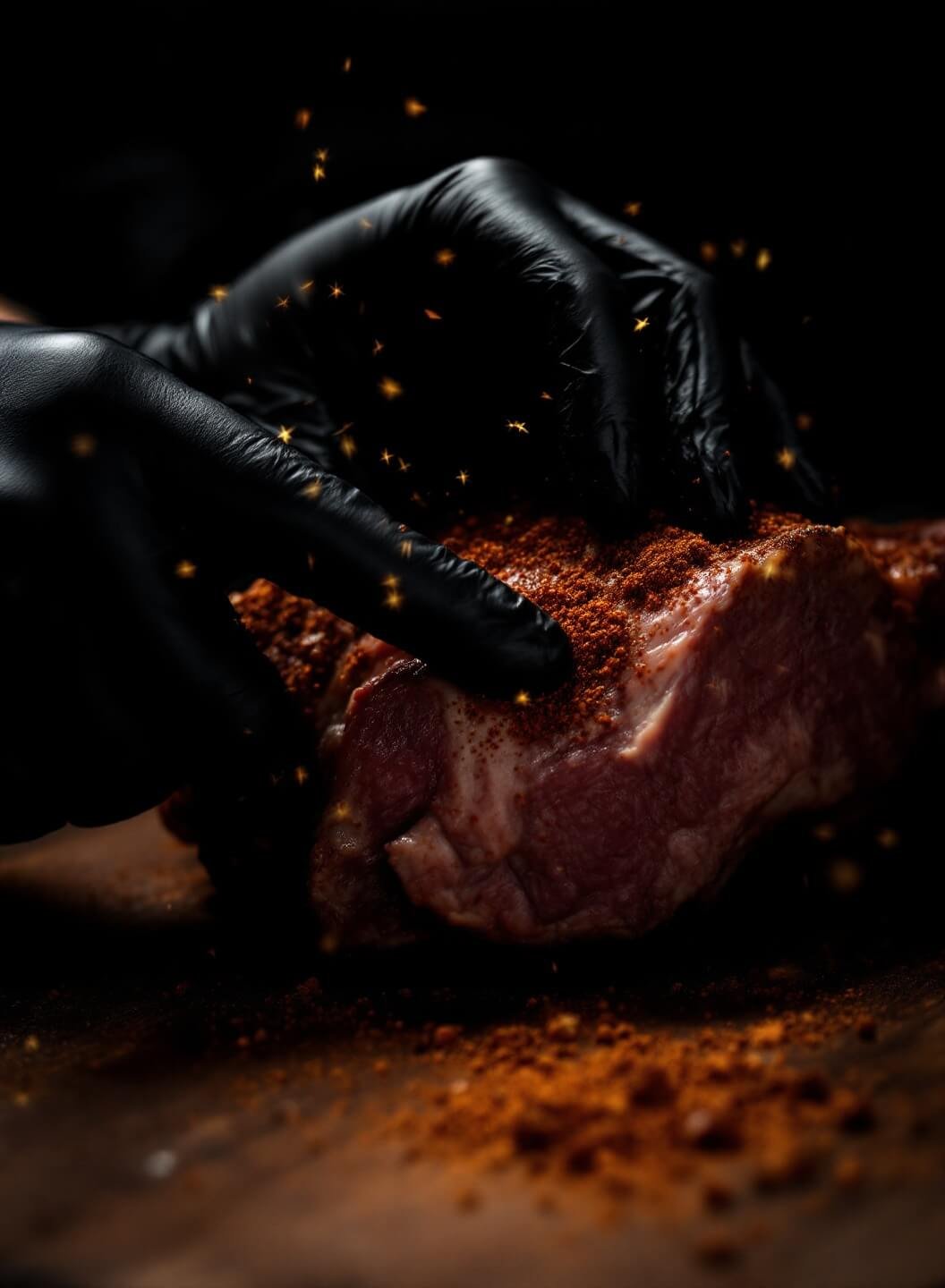 Hands in black gloves applying deep red-brown spice rub to ribs on a rustic wooden surface in a professional kitchen setting, with side lighting catching falling spices