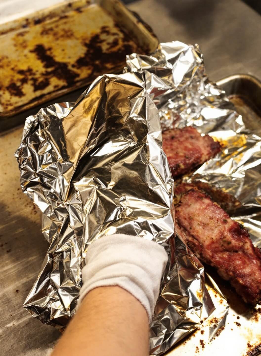 Seasoned ribs being wrapped in aluminum foil with steam rising in a warm lit kitchen, baking sheet and steel countertop in the background