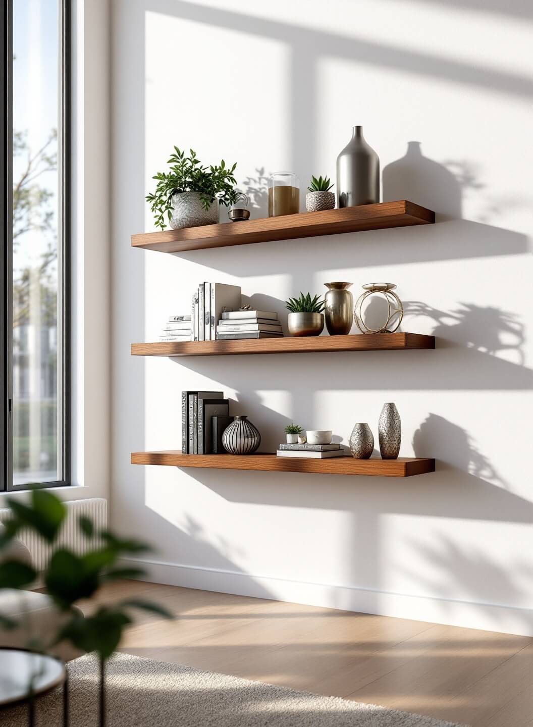 Modern minimalist living room bathed in late afternoon sunlight, showcasing a white wall with three floating walnut shelves decorated with coffee table books, potted succulents, and metallic sculptures, dramatically cast shadows beneath each shelf.