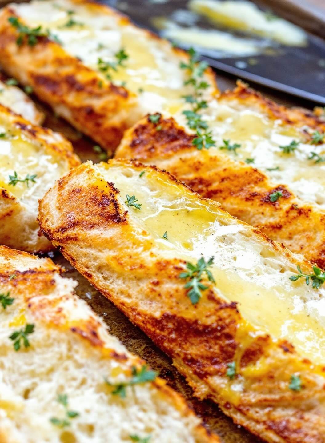 Toasted baguette slices with melted butter and thyme on rustic baking sheet