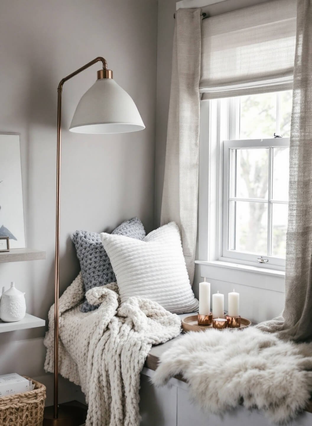 Cozy hygge-inspired reading nook featuring a padded window seat, chunky knit throws, sheepskin rugs, a copper floor lamp, white oak floating shelves, and scented candles in a 7x7 ft window alcove with soft overcast light