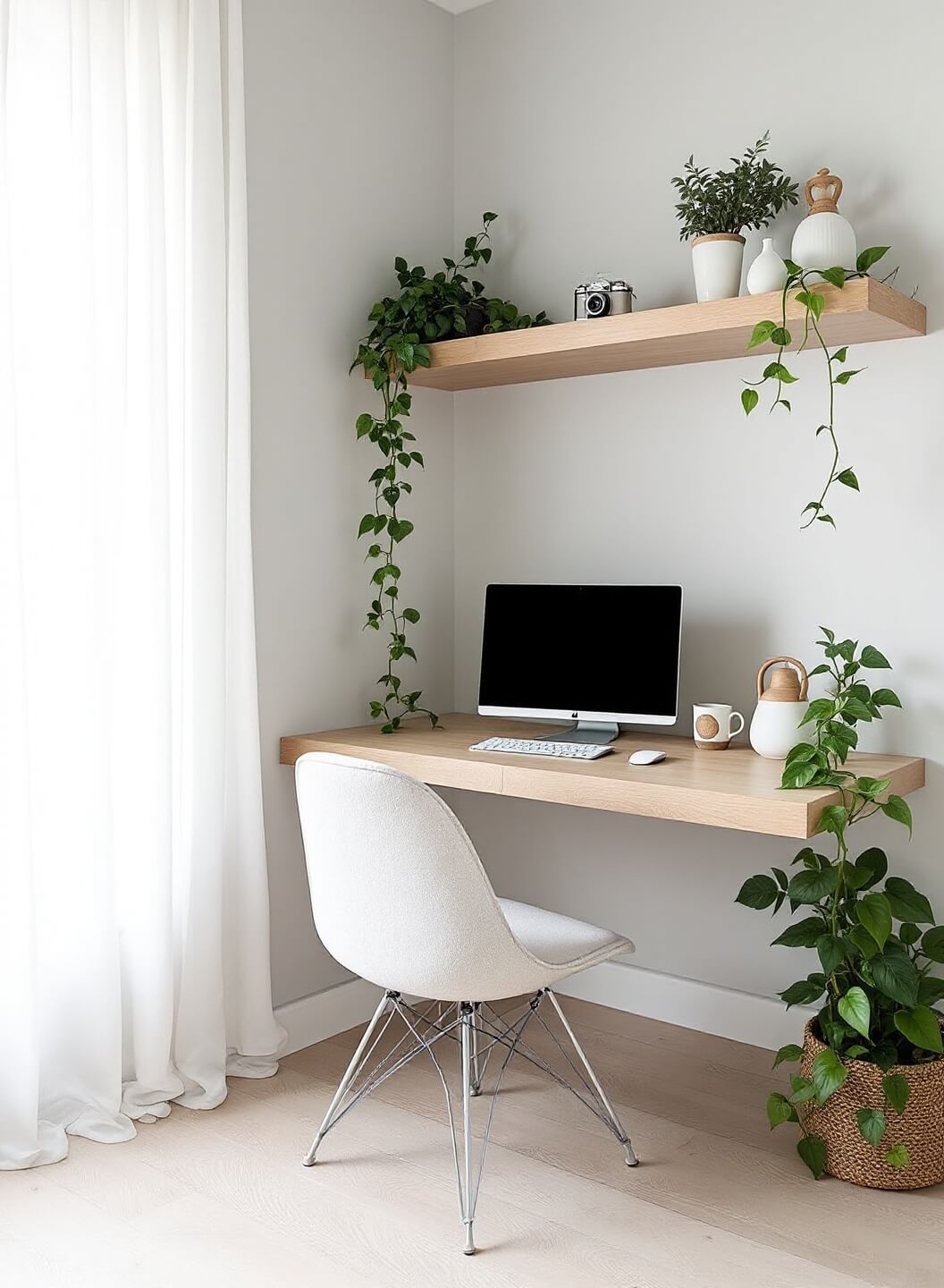 Scandinavian-style home office nook with pale gray walls, white oak flooring, floating shelves carrying vintage cameras and plants, and morning light filtering through sheer curtains