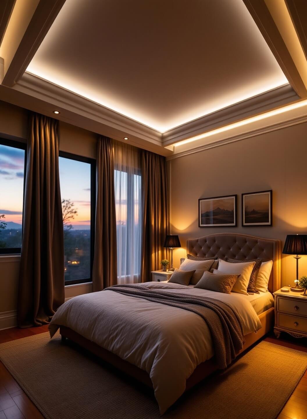 Romantic and serene bedroom with sunset lighting, cove-lit tray ceiling, crystal bedside pendants, LED strips behind velvet headboard, and vintage floor lamp next to a woven wool rug, all enveloped in a golden 2700K ambiance.