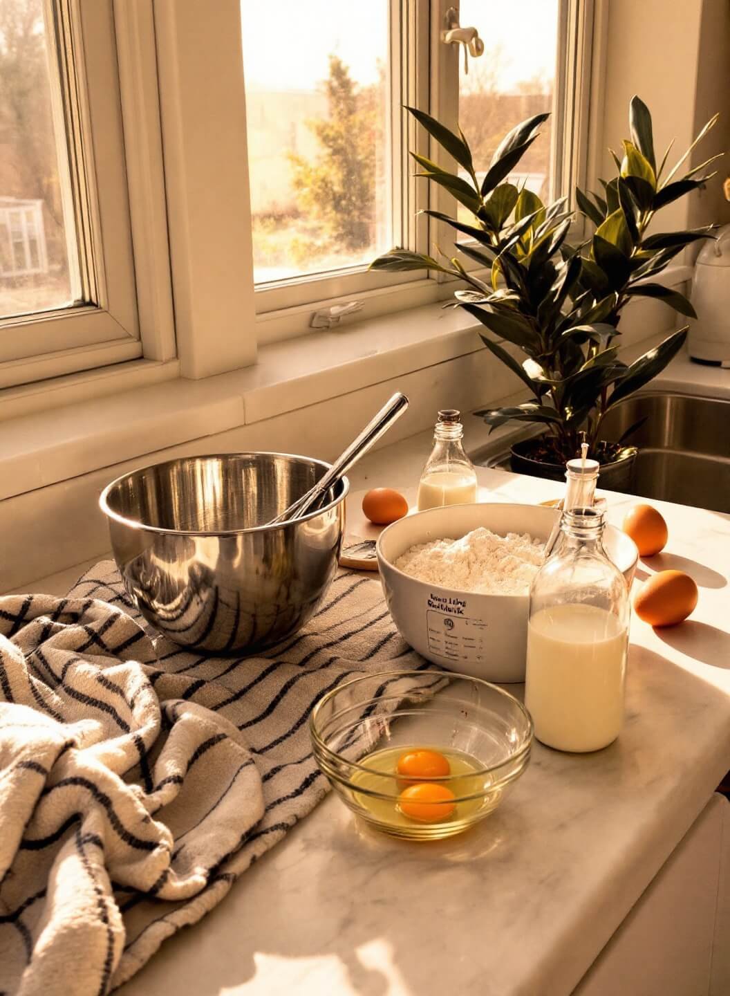 Sunlit kitchen with ingredients for baking arranged on the counter in the morning light