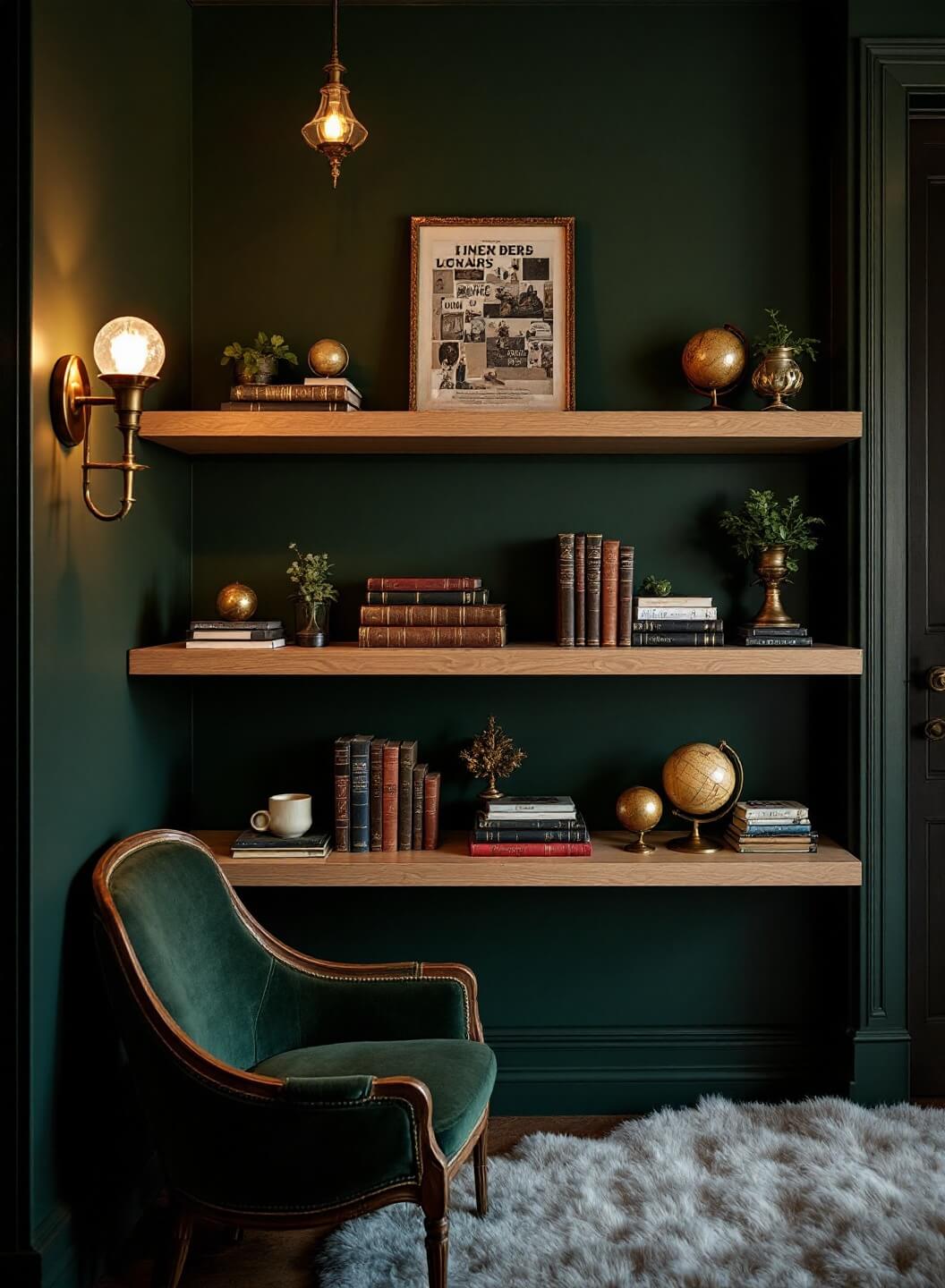 Victorian-style library reading corner with emerald walls, maple shelves, brass lighting, and vintage decor in a warm evening setting