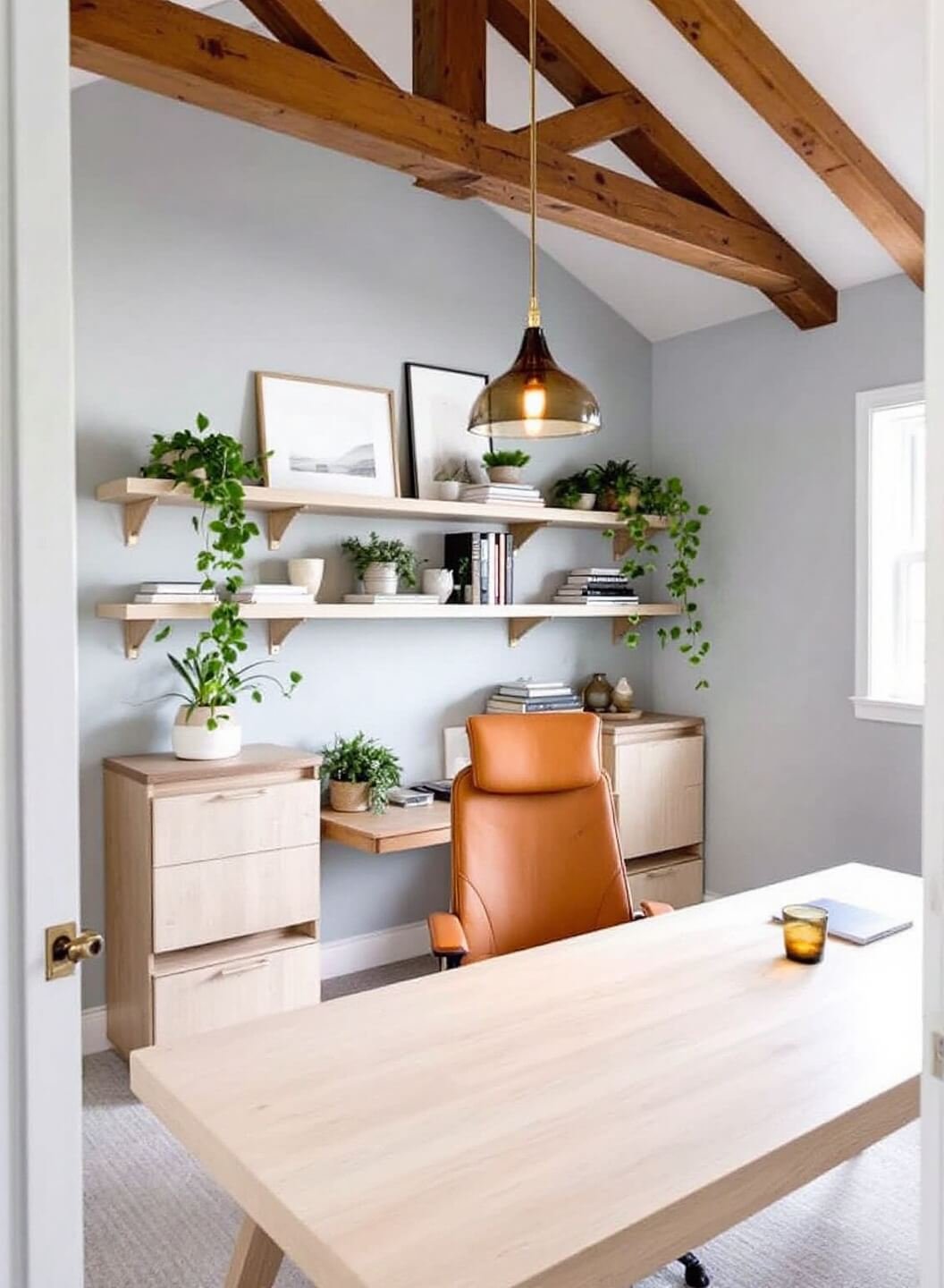 Elevated angle view of a light-filled 14'x16' modern home office with 10' ceilings, exposed wooden beams, soft blue-grey walls, bronze hardware accents, white oak desk, ergonomic cognac leather chair, floating shelves with objects and plants, and a statement pendant light in smoky glass.