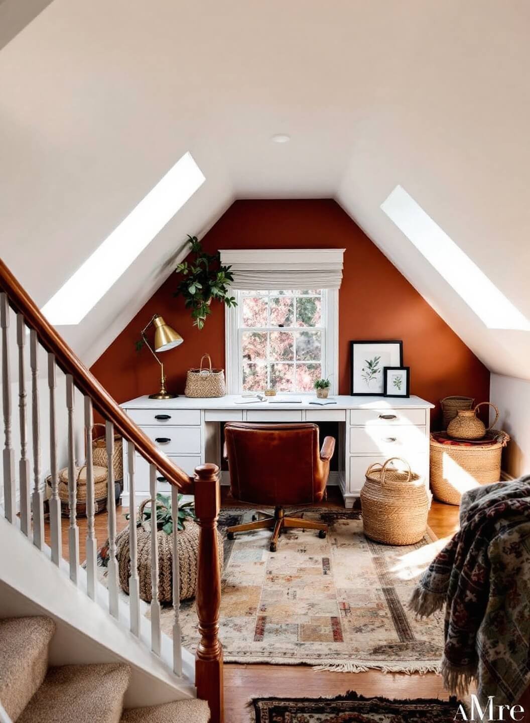 Cozy attic office with skylights, white slanted ceilings, terracotta accent wall, built-in desk, vintage leather chair, and vintage rugs, viewed from stairs with decorations of woven baskets, brass desk lamp, and botanical prints in moody afternoon light.