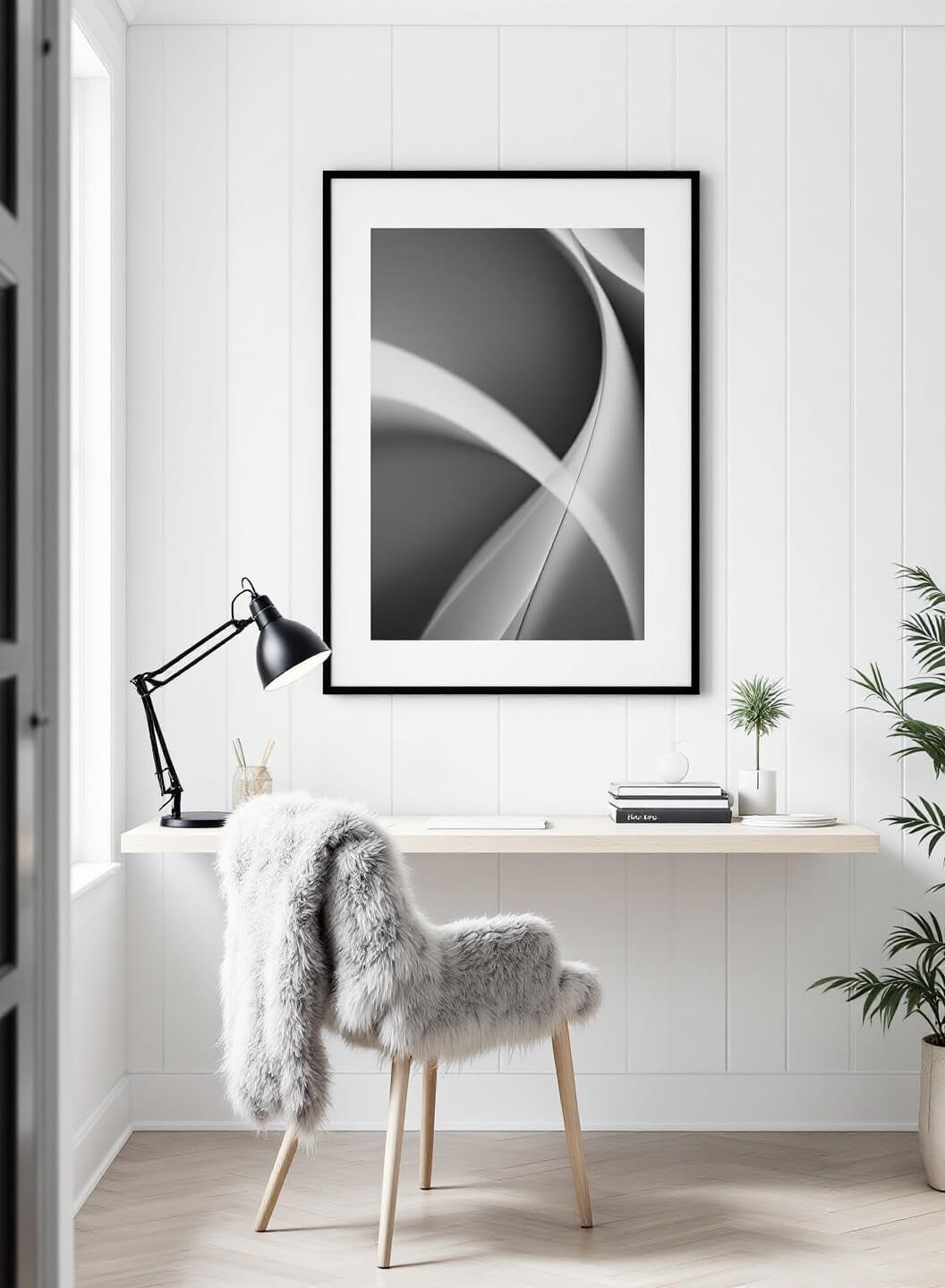 Minimalist Scandinavian-style home office with whitewashed walls, pale ash wood desk, sheepskin-draped chair, and large-scale black and white photography