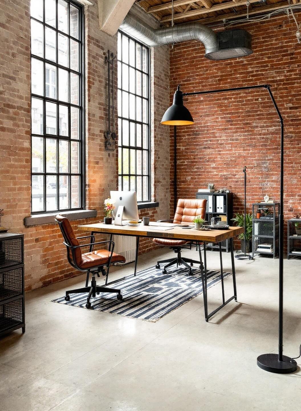 Industrial-modern office featuring exposed brick wall, steel-framed windows, reclaimed wood desk, structured leather chair, matte black floor lamp, and wire mesh storage with highlighted architectural elements.