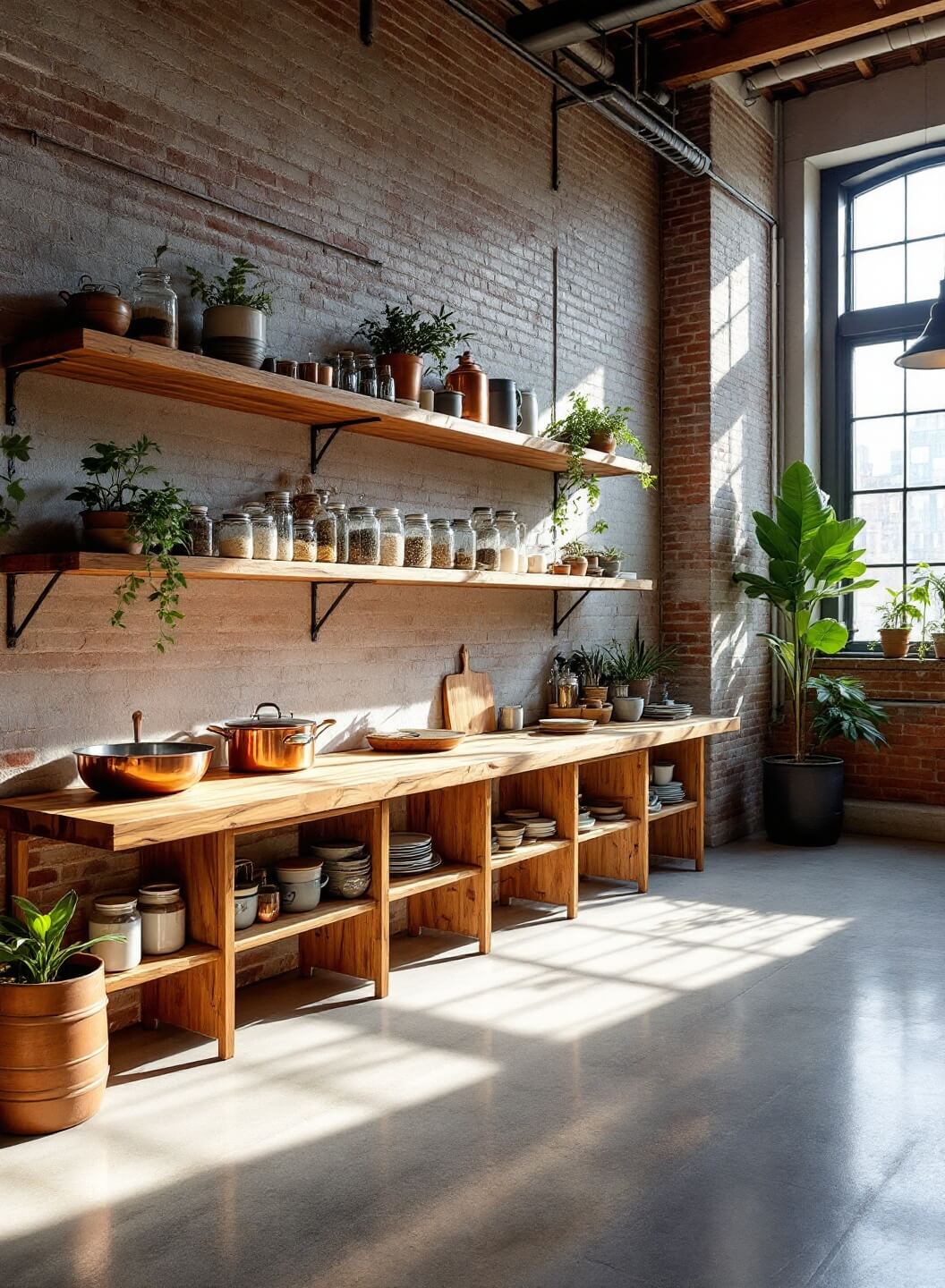 Industrial loft kitchen with exposed brick walls and concrete floors, featuring reclaimed wood shelves, copper cookware, mason jars, and vintage enamelware in midday lighting