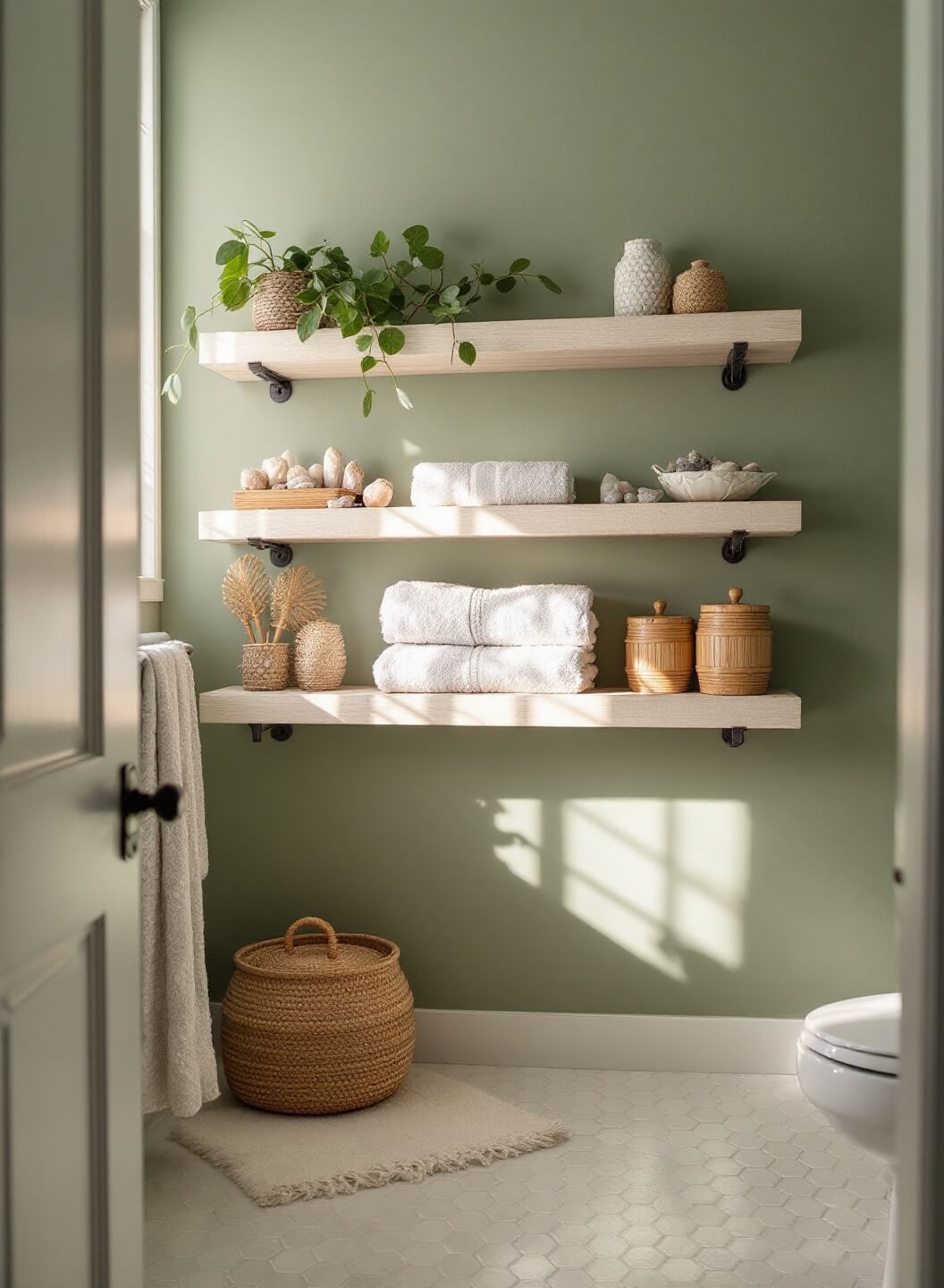 Bohemian style bathroom sanctuary featuring sage green walls, penny tile flooring, whitewashed pine shelves, Turkish towels, crystal clusters, bamboo storage containers, and soft morning light.