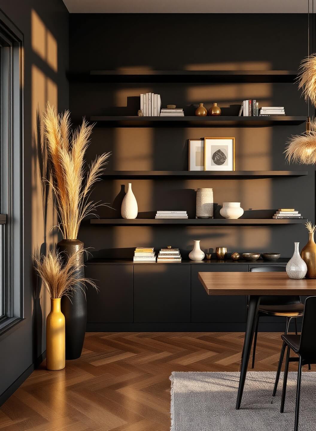 Contemporary dining room with charcoal walls, herringbone hardwood floors, and a matte black floating shelf styled with art books, ceramic vases, and metallic objects in warm golden hour lighting