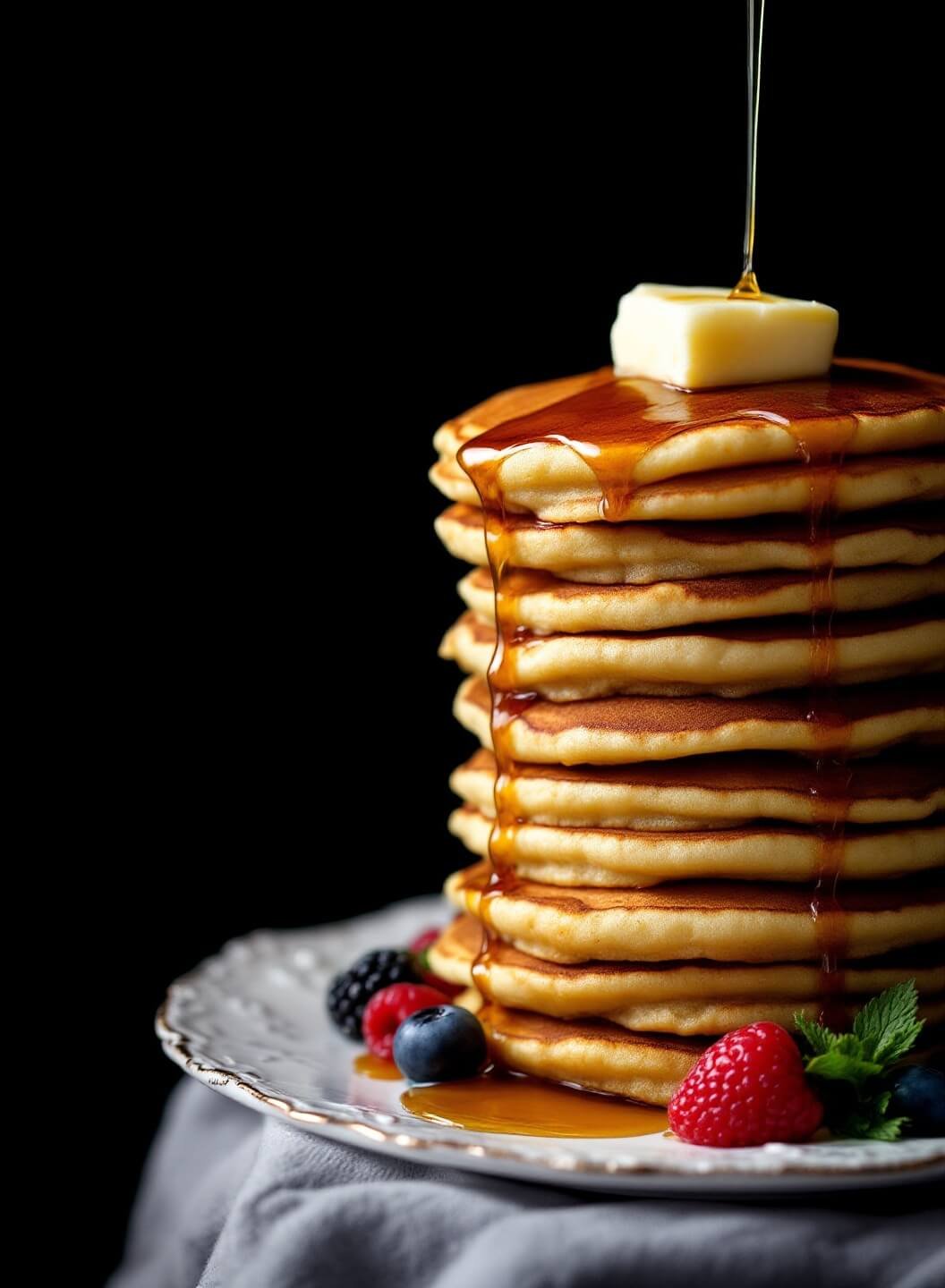 Towering stack of fluffy pancakes with melting butter, maple syrup, fresh berries and mint on a vintage white plate in dramatic lighting