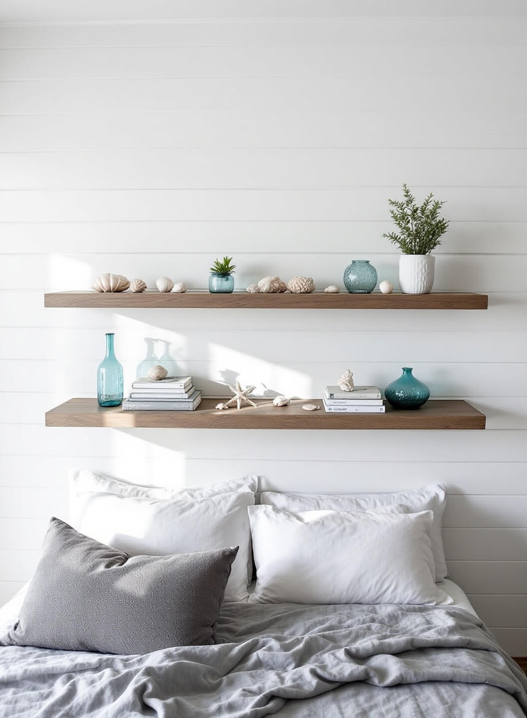 Coastal-inspired bedroom with white shiplap walls, gray wooden floating shelves holding seashells, blue glass vessels, and linen-bound books, lit by mid-morning light reflecting from water