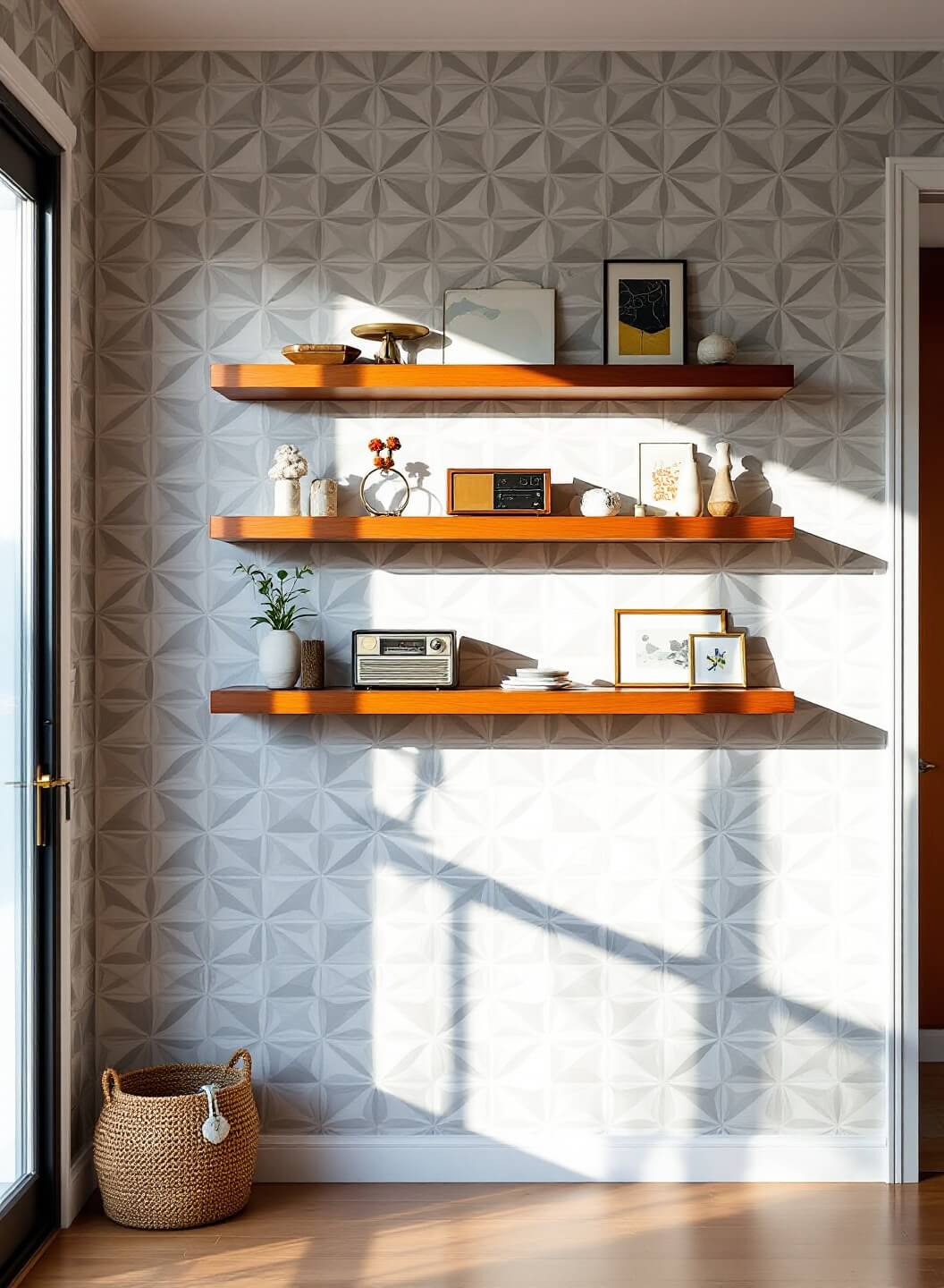 Mid-century modern entryway featuring geometric wallpaper, ascending teak wood shelves styled with vintage radios, abstract sculptures and small art prints, illuminated by afternoon sunlight creating dramatic shadows.