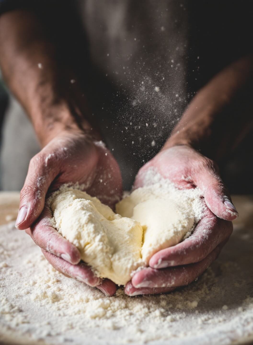 Hands kneading butter into flour in rustic setting with soft natural lighting and flour dust floating in air