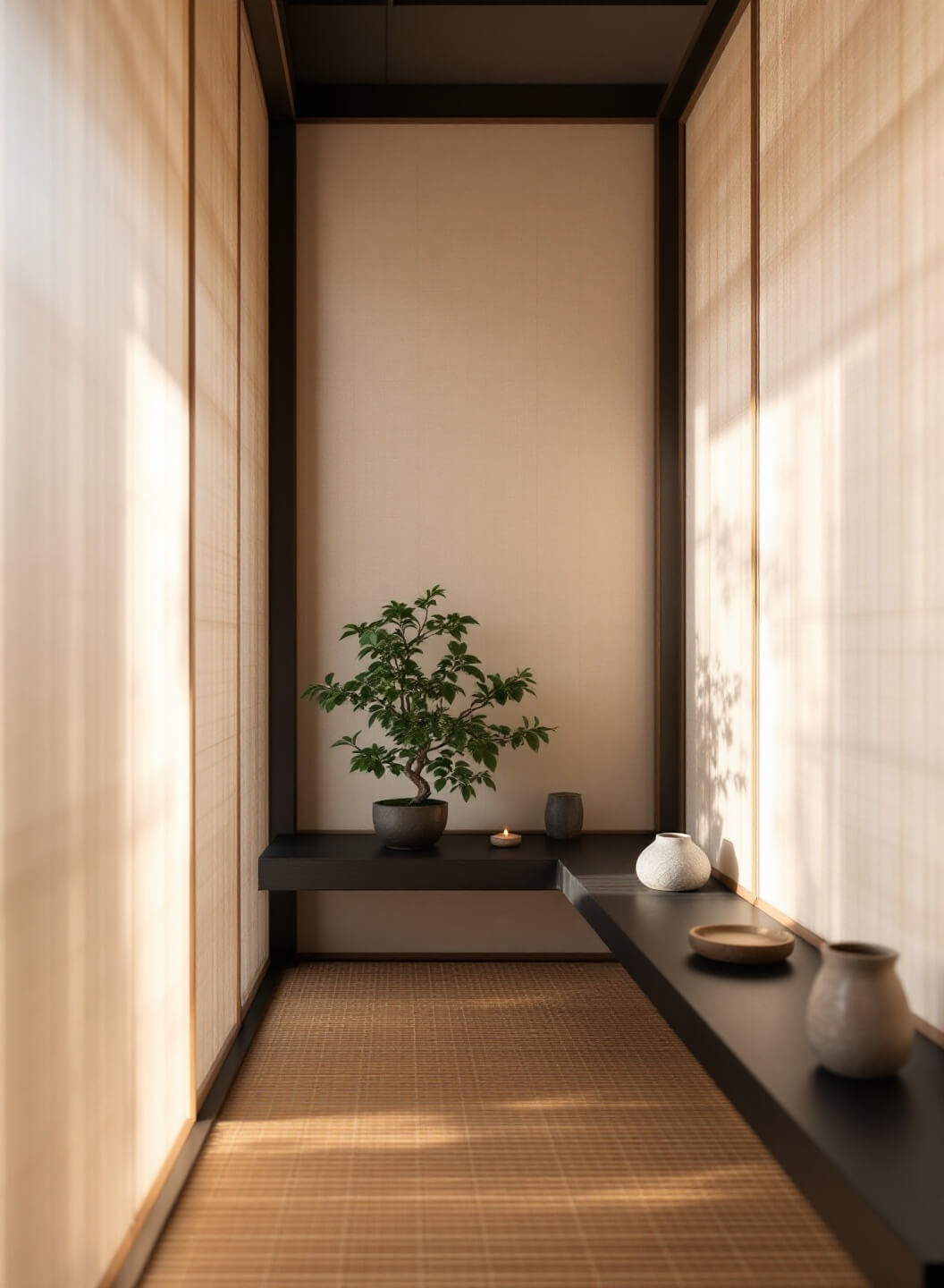 Japanese meditation room with rice paper screens, bamboo floor, black oak shelf with bonsai tree, stone incense holder and ceramic vessel under soft dawn light