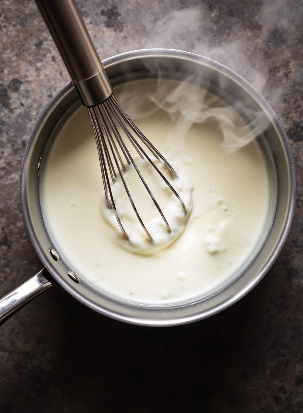 Overhead shot of creamy white sauce being whisked in a copper pot with steam rising