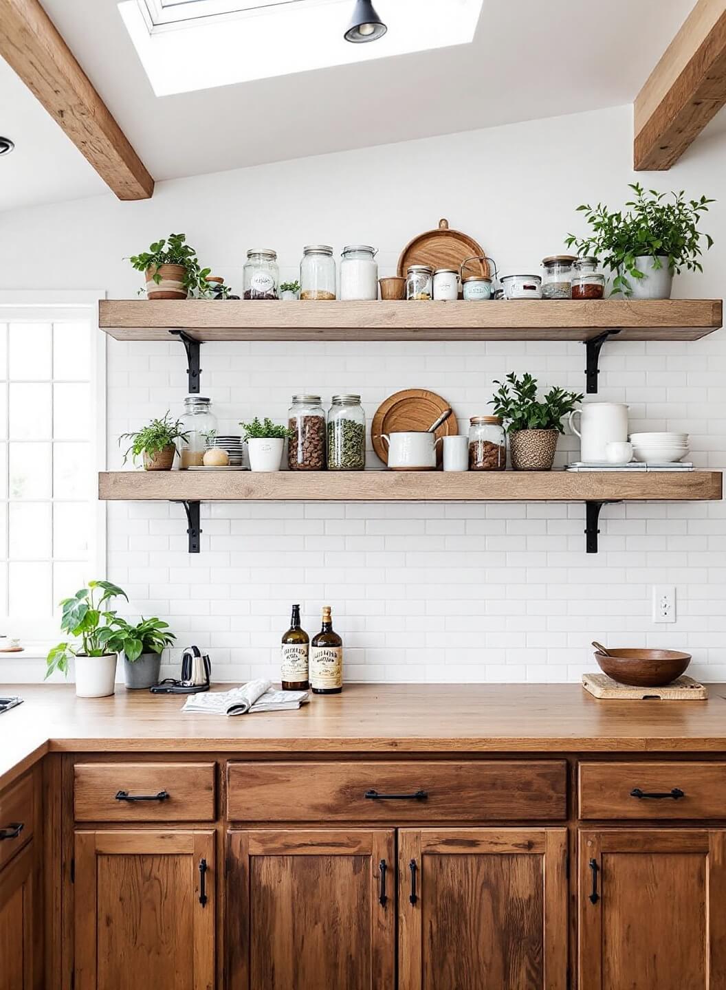 Rustic farmhouse kitchen with white subway tile backsplash, floating shelves made of weathered barn wood, decorated with vintage enamelware, mason jars, and potted herbs, under natural and overhead light