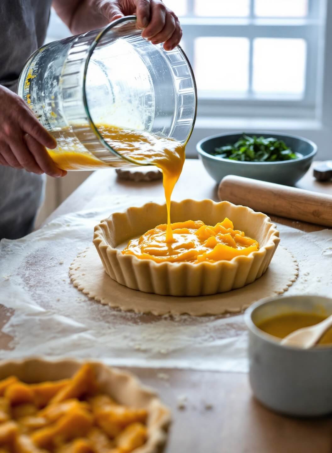 Pouring golden pie filling into rustic flaky crust under natural window light.