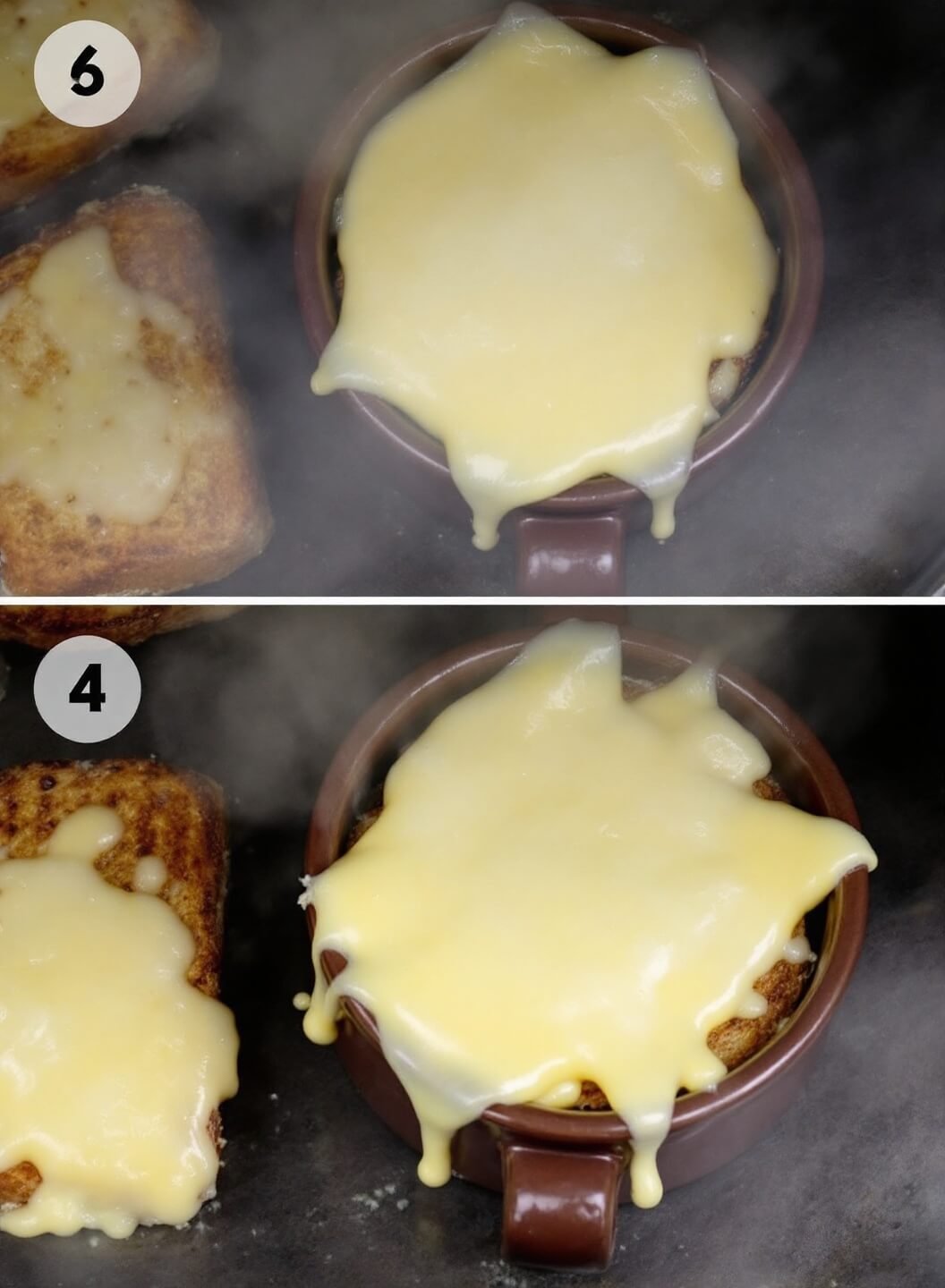 Bubbling Gruyere cheese melting over toasted bread in brown ceramic soup bowls under a broiler