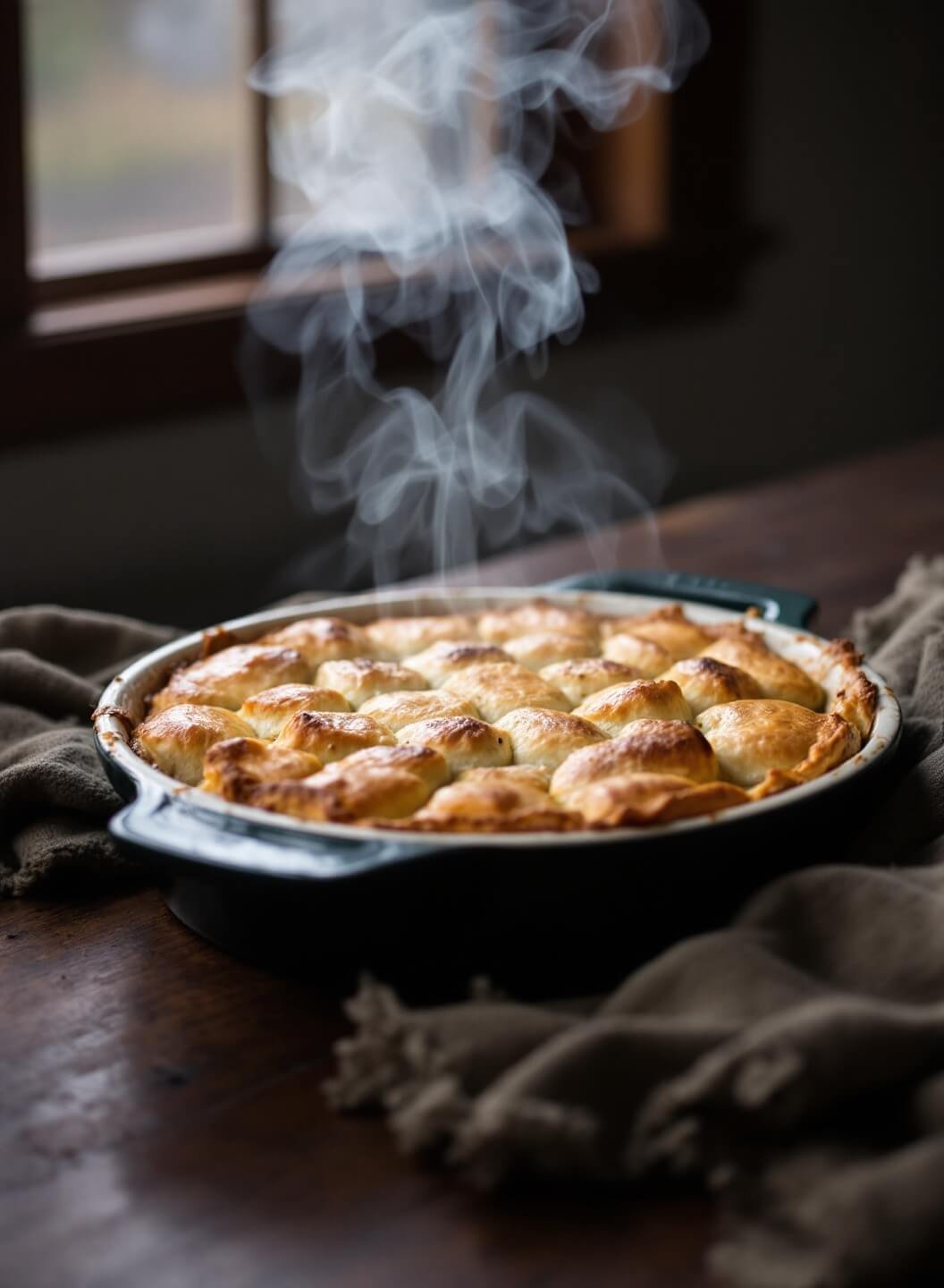 Baked pot pie with golden brown crust and steam escaping from vents, served on a vintage wooden table