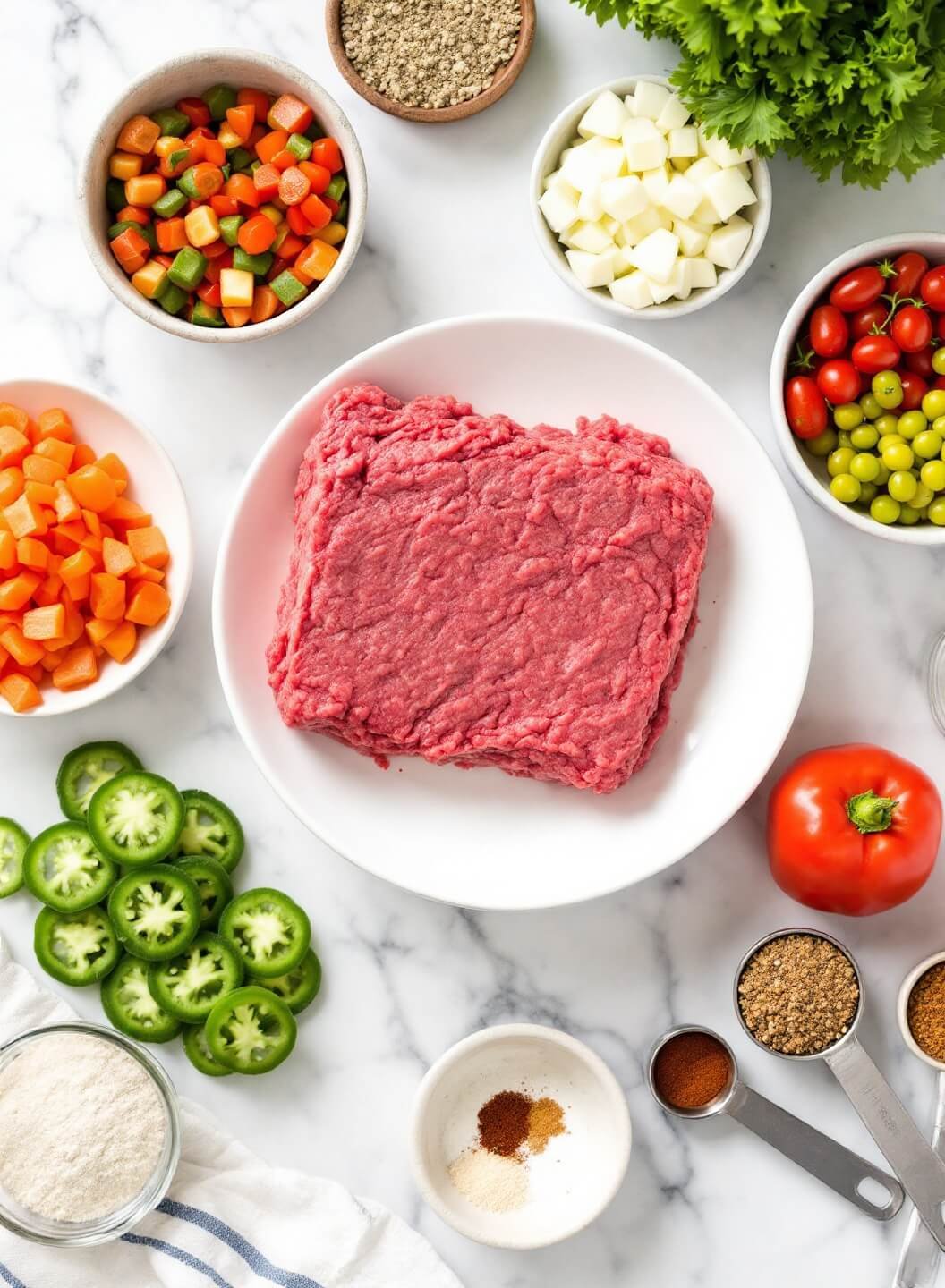 Overhead shot of fresh ground beef, chopped vegetables, and measured seasonings on marble countertop under natural light.