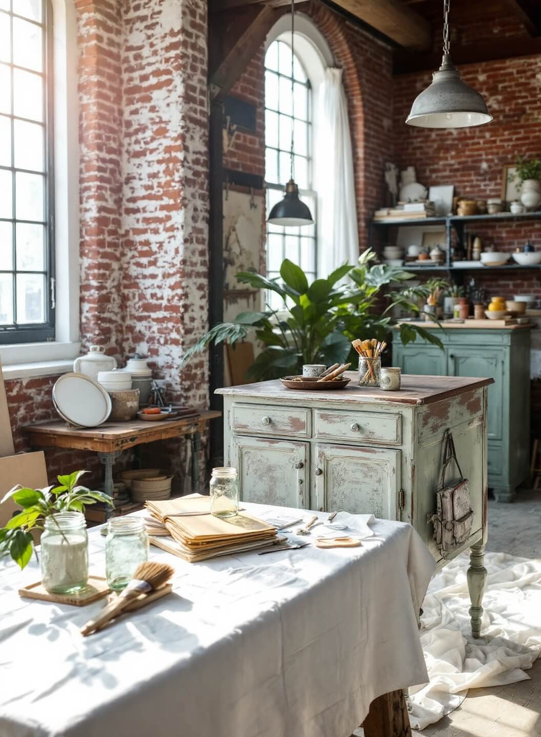 Sunlit workshop studio with distressed brick walls and exposed beams, featuring a Victorian dresser being renovated, surrounded by chalk paint supplies, vintage mason jars with brushes and a drop cloth.