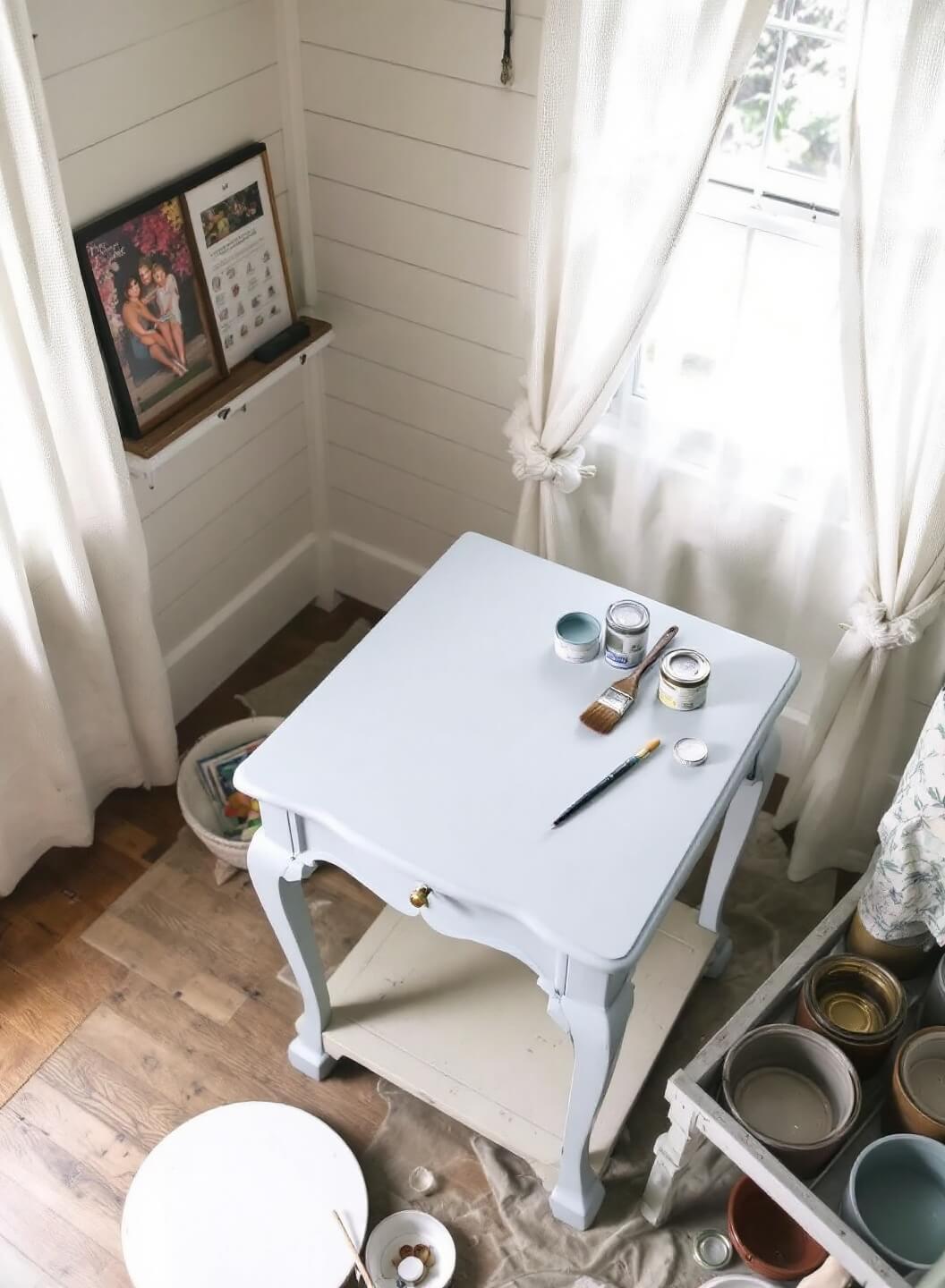 High angle overhead shot of a bright home studio corner with cream shiplap walls, showcasing a dusty blue Queen Anne side table being painted, collection of natural bristle brushes, paint tins, removed brass hardware, and light filtering through sheer curtains.