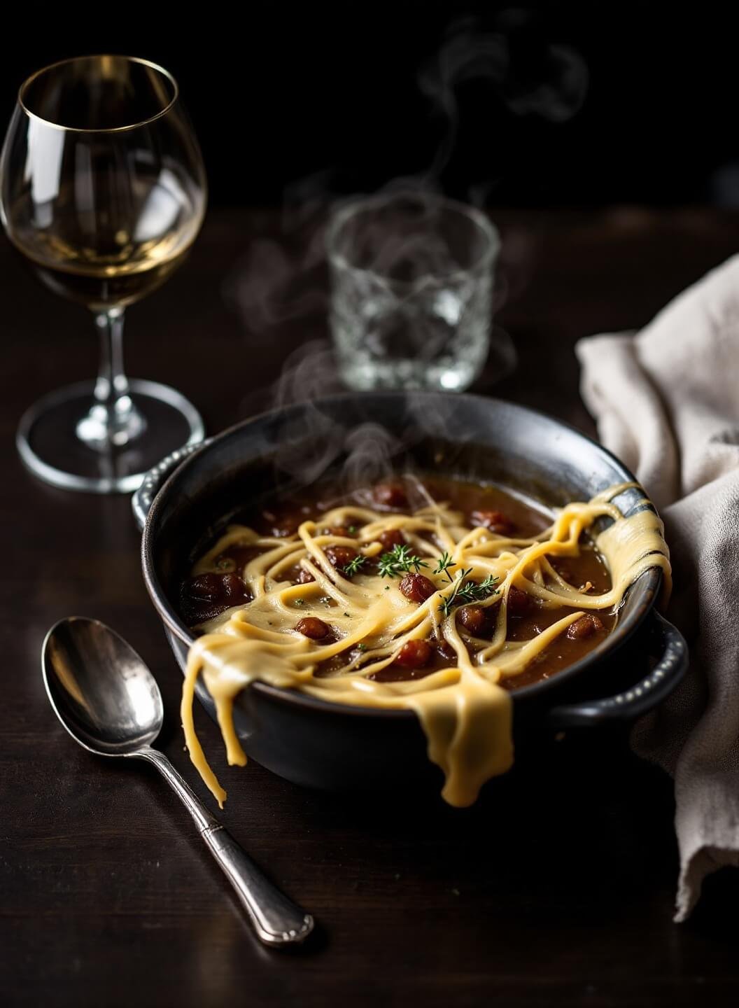 Steaming bowl of French onion soup with melted Gruyere and fresh thyme garnish, served on a dark wooden table with a vintage wine glass and linen napkin