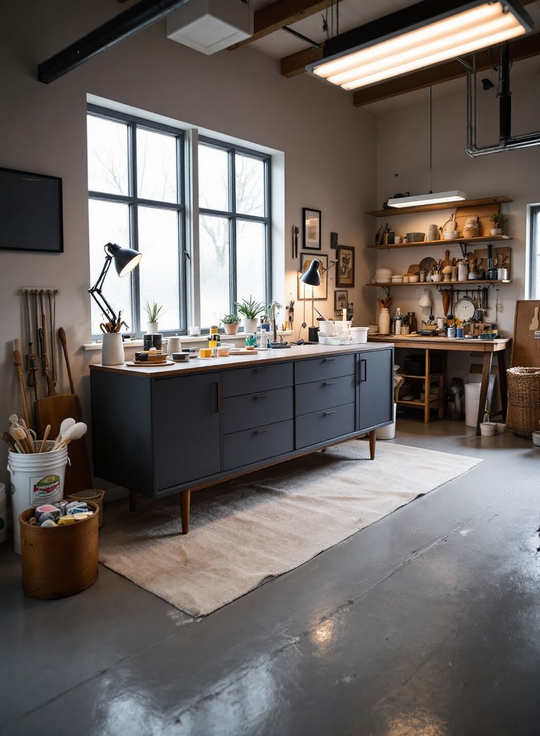 Artist applying first coat of charcoal chalk paint on a mid-century modern credenza in a professional garage-turned-paint-studio, equipped with paint station and drying rack, illuminated by diffused natural light and warm LED work lights. Predominant color palette includes warm grays, charcoal, and walnut wood tones.