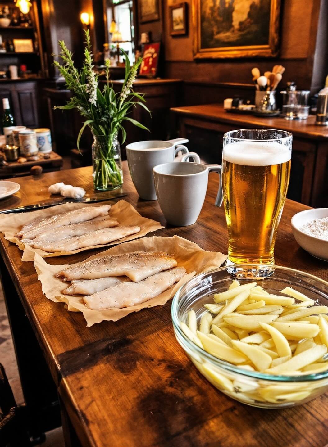 Rustic pub kitchen with cod fillets, flour, beer, and potato strips in warm lighting