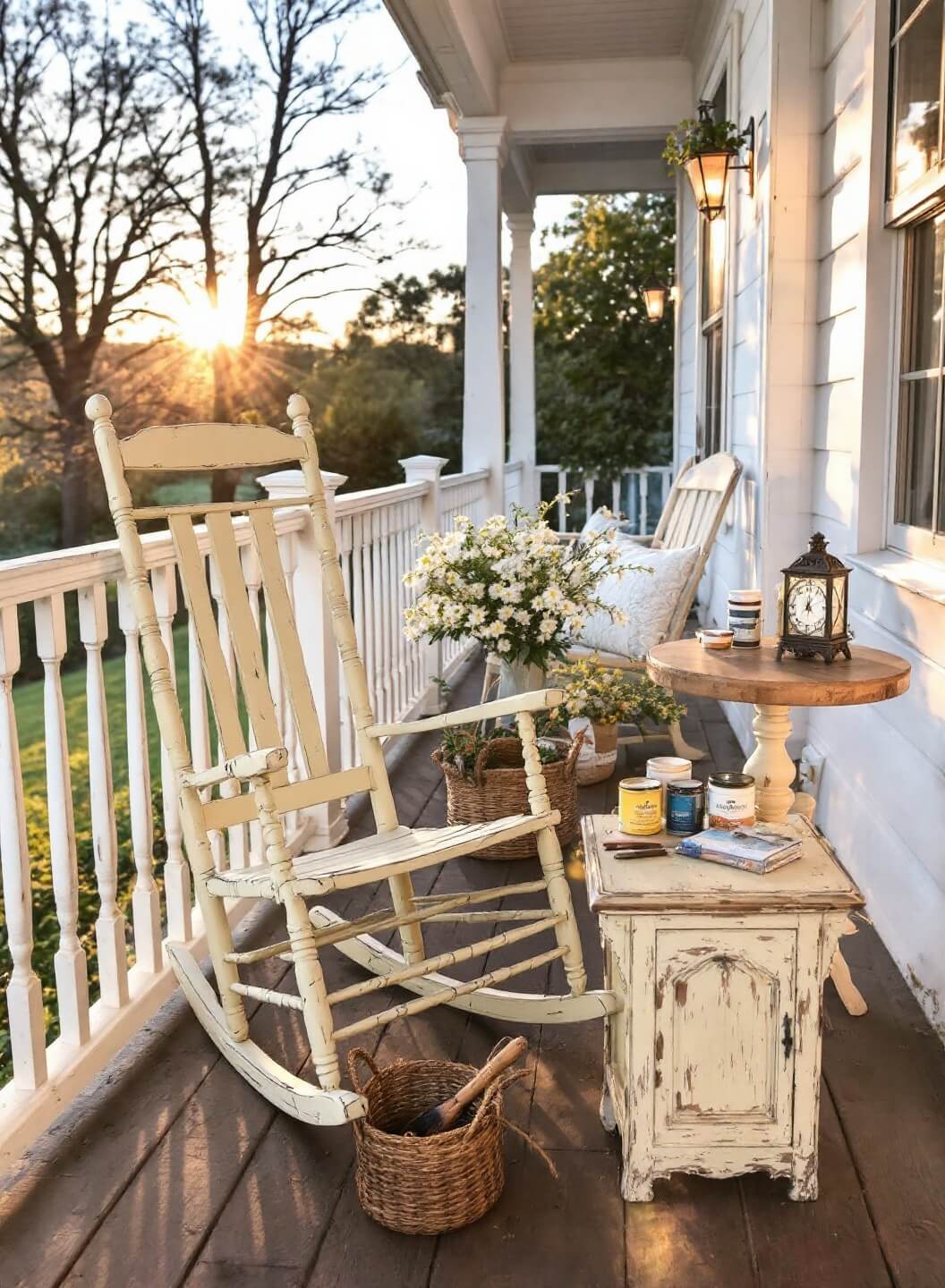 Rustic farmhouse porch bathed in golden hour lighting, featuring whitewashed railings, vintage wooden rocking chair being distressed with buttermilk chalk paint, and distressing tools and wax supplies arranged on an antique side table. The photo is taken from a Dutch angle, highlighting the dimensional texture of the weathered wood.